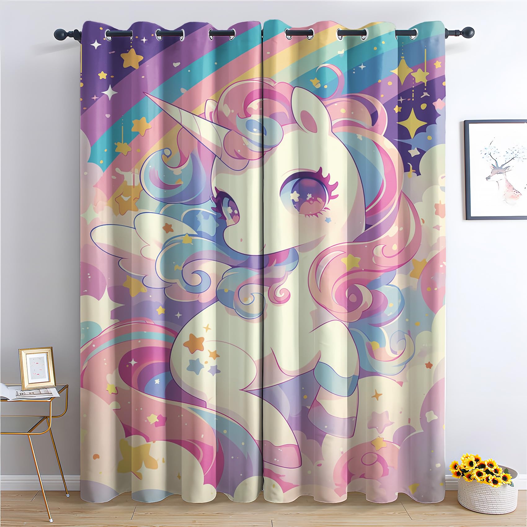 Generisch Vorhänge Einhorn - Mädchen Süße Regenbogen Fenster Gardinen mit Ösen, Vorhang Blickdicht Verdunklungsvorhänge Thermovorhang für Wohnzimmer Schlafzimmer Deko 2er Set, H 160 x B 140 cm J-#14