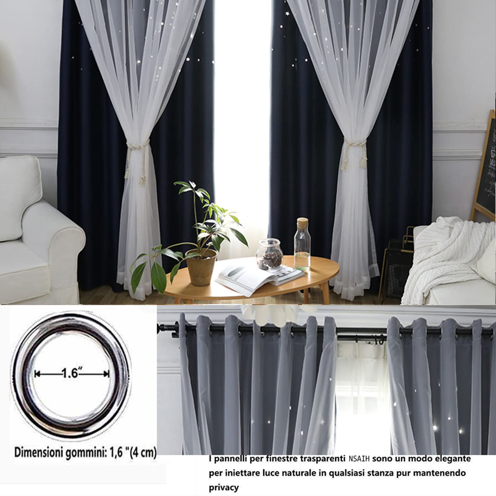 Rideaux occultants thermiques à double couche avec motif étoiles, voilages transparents pour chambre de fille et salon, 1 pièce, bloquant la lumière, design écoénergétique