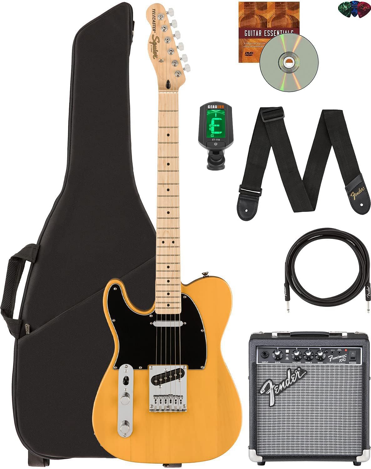 Fender Affinity Series Telecaster, Left Handed - Butterscotch Blonde Bundle with Frontman 10G Amplifier, Gig Bag, Tuner, Instrument Cable, Strap, Picks, and Austin Bazaar Instructional DVD