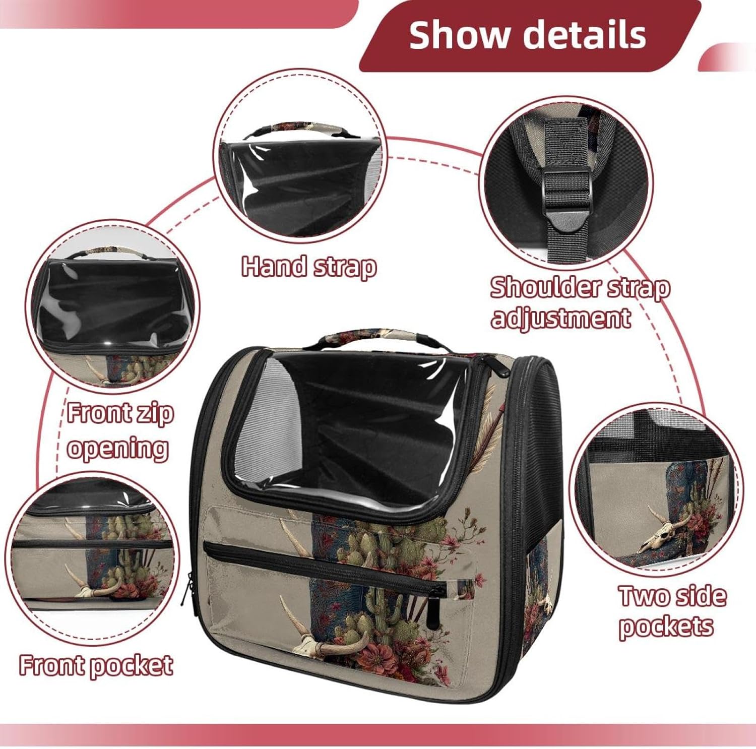 Portable Travel pet Backpack Carrier Hamster Bag Small Dog cat Carrier Breathable Hang Bag, Wild West Cowboy Boot Animal Skull Cacti (1)