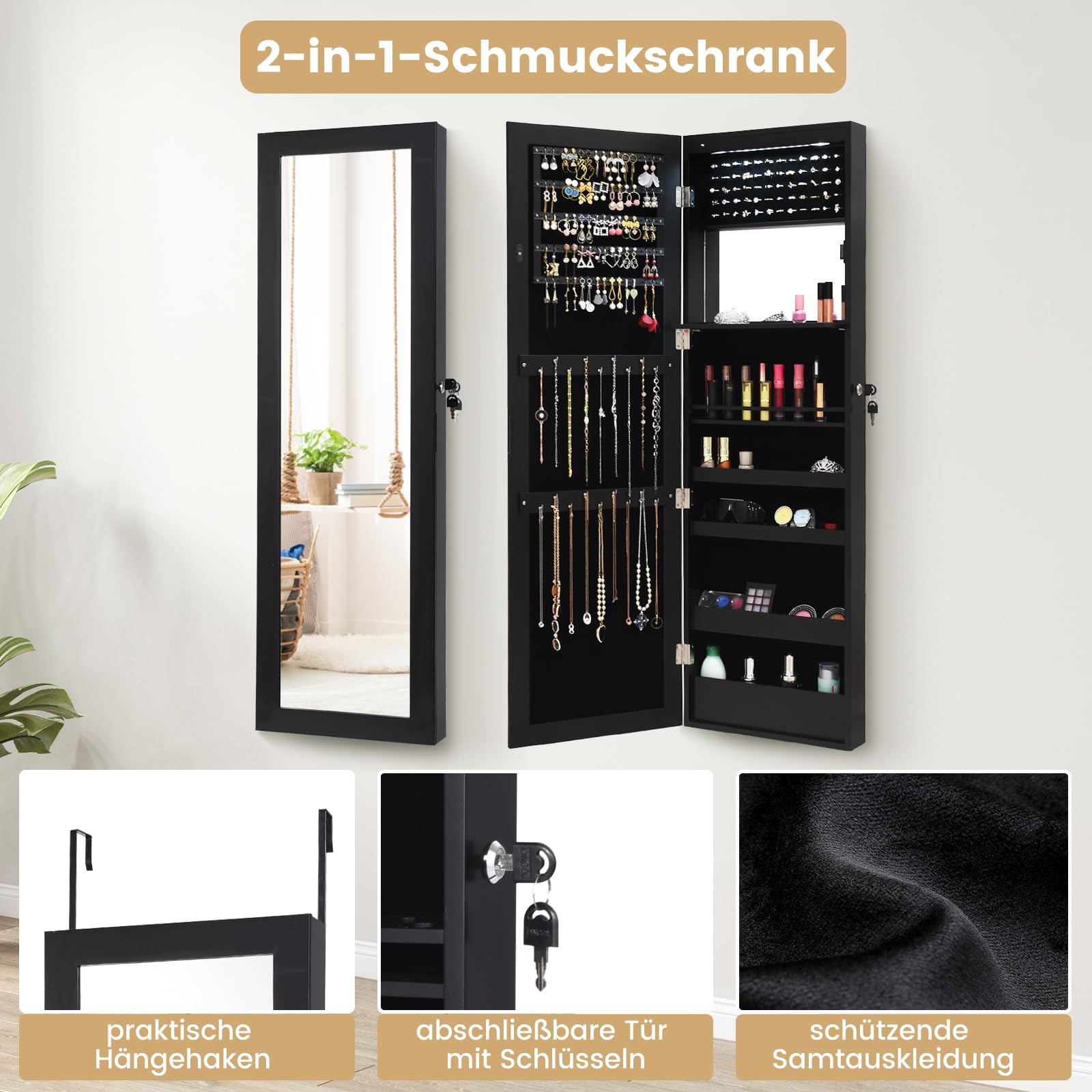RELAX4LIFE Schmuckschrank mit Spiegels, Spiegelschrank mit Automatischen LEDs & Klappbarer Ablage, Schmuckorganizer für Ohrringe Armband Kosmetik, Hängend & Abschließbar, Tür- & Wandmontage (Schwarz)