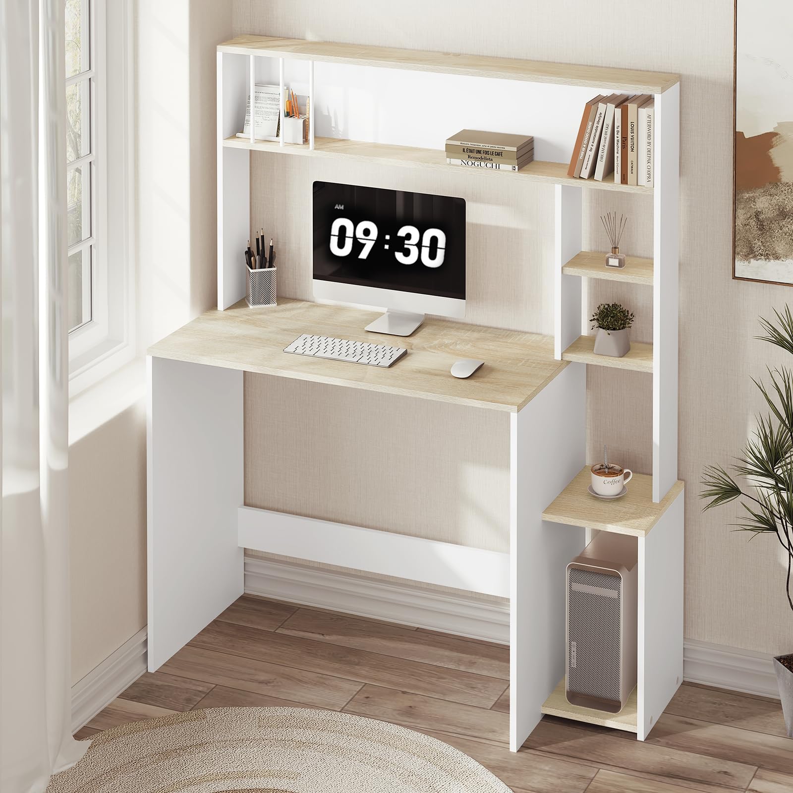eSituro Bureau avec Étagères, 113x45x139 cm, Blanc et Chêne