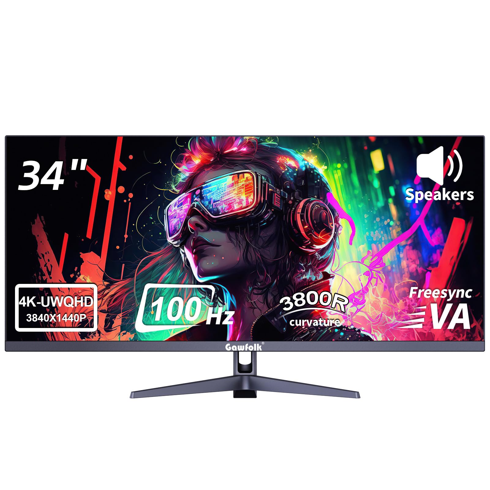 Gawfolk 34 Inch Curved Monitor 100Hz WQHD Computer Screen Built-in Speakers | 3440X1440 Ultrawide 21:9, 3800R, FreeSync, HDMI 2.0, DP1.4, Blue Light, Wall-Mountable, For Office, Editing, Design PC