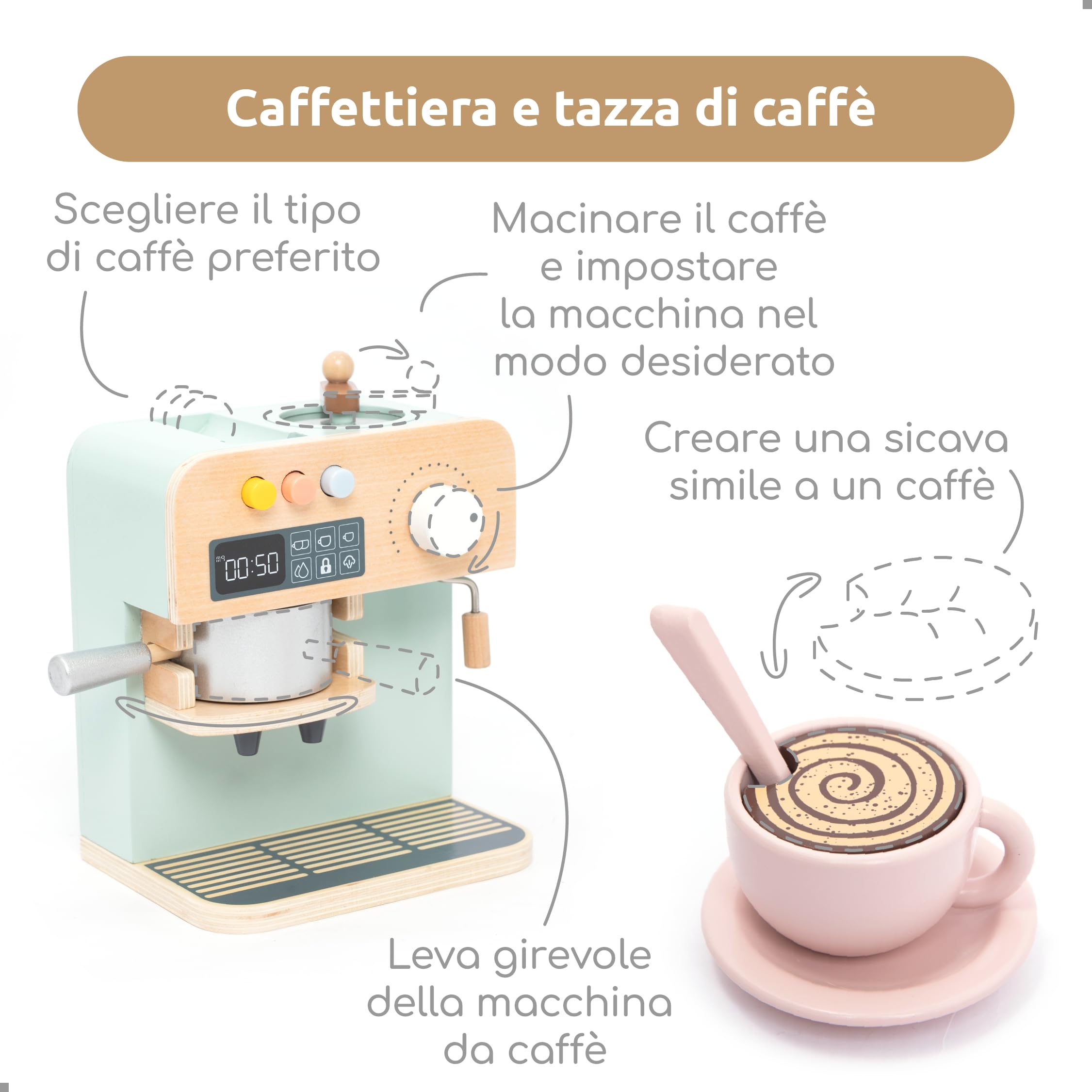 UMU® Macchina da caffè in legno – Accessori da cucina – Gioco di ruolo – Servizio da caffè personalizzabile per bambini dai 3 anni in su