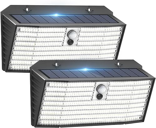 Miniatura 7 de Focos solares exteriores mejorados, juego de 4 unidades con 418 luces LED, sensor de movimiento al aire libre, 3 modos de luz de seguridad, luz