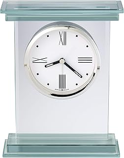 Howard Miller Hightower Crystal Alarm Clock 645-835 â€“ Bracket-Style Design, Glass Base & Top, White Dial, Roman Numeral Clock, Silver-Tone Bezel, Battery-Operated Alarm Clock, Modern Tabletop Clock