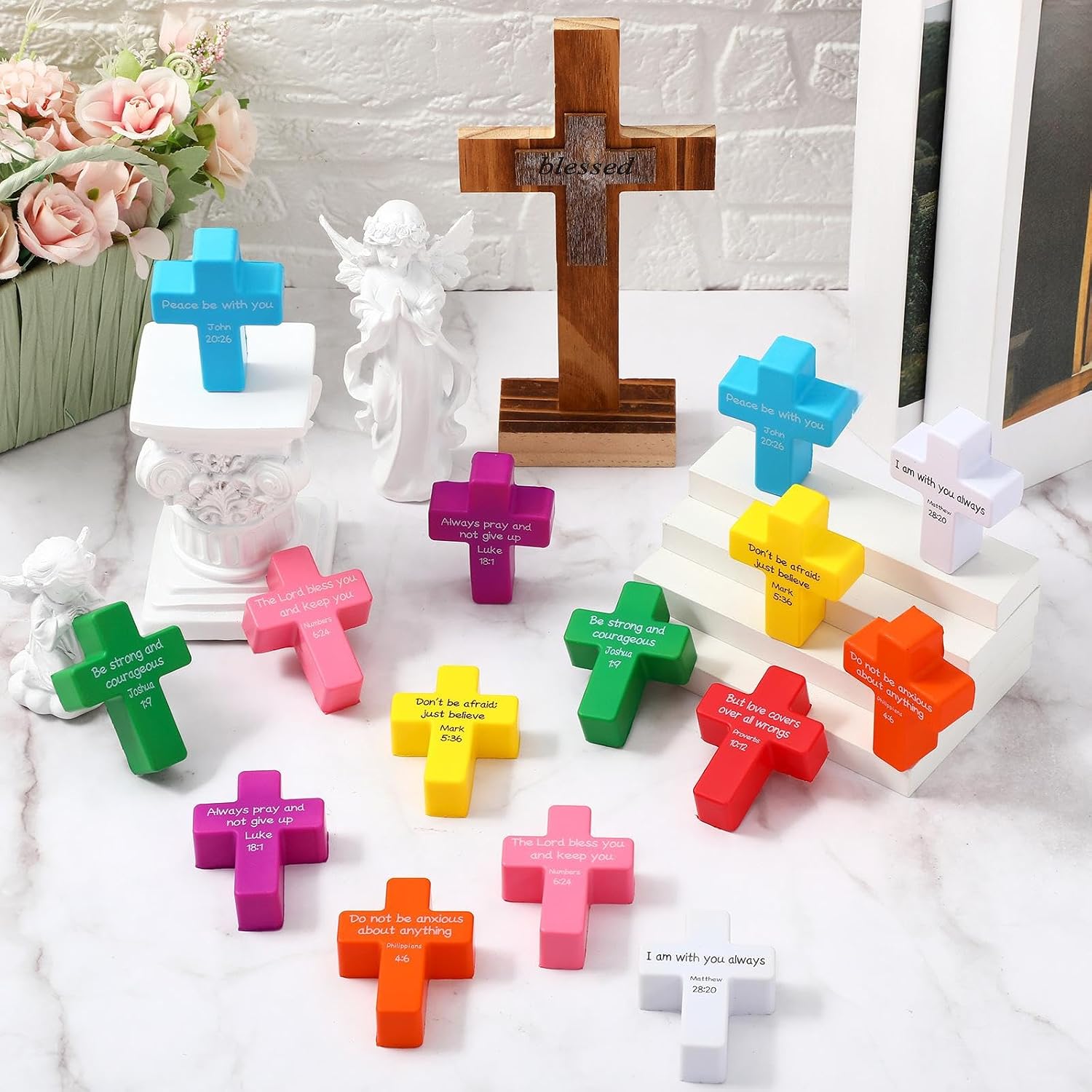 Shappy 24 Pcs Cross Fidget Toys Stress Relief, Bright Color, Bible Verse image 2
