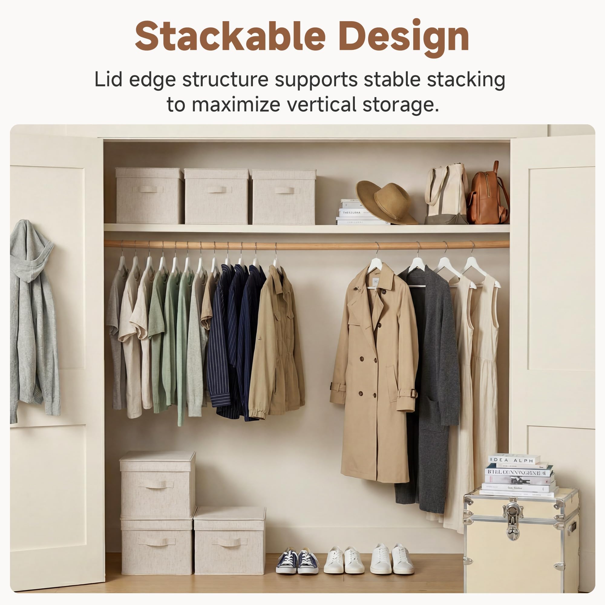 StorageWorks Cesto portaoggetti con coperchio, scatole decorative con manici in poliuretano, cesti portaoggetti impilabili in tessuto per armadi, scaffali, beige (lino di cotone), confezione da 3