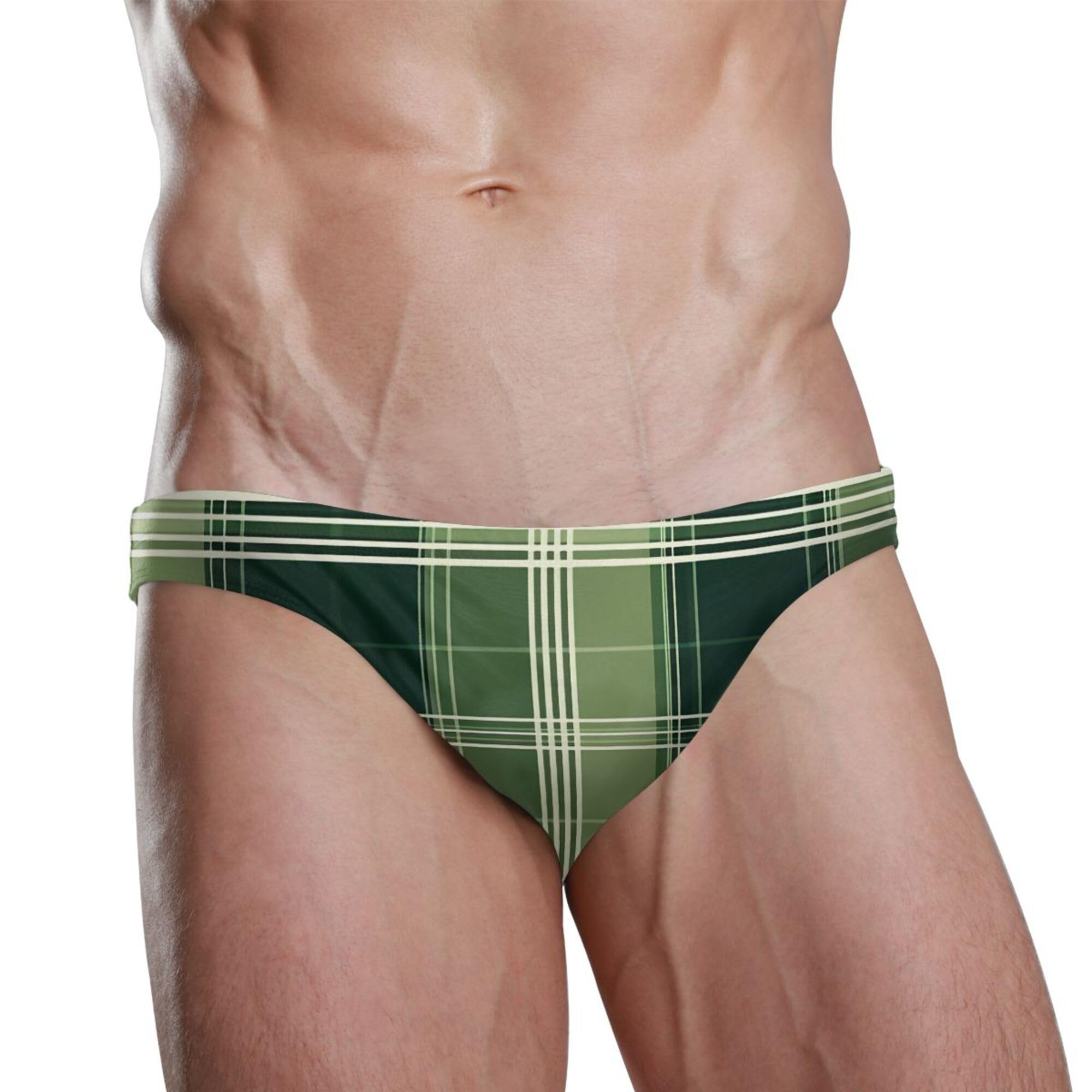 Green Buffalo Check Plaid Mens Swimwear Swim Briefs Bikini Swimsuit for Summer Beach L B0404280