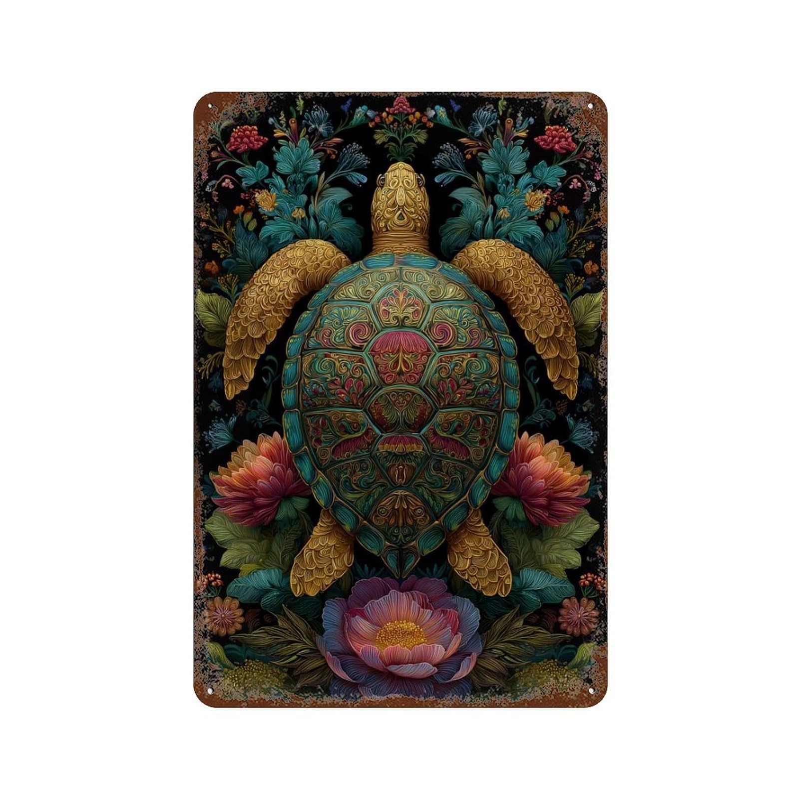 Garage Style Golden Turtle with Flowers Rustic Tin Plaque 11.8"x7.9", Farmhouse Wall Decor for Bar And Workshop