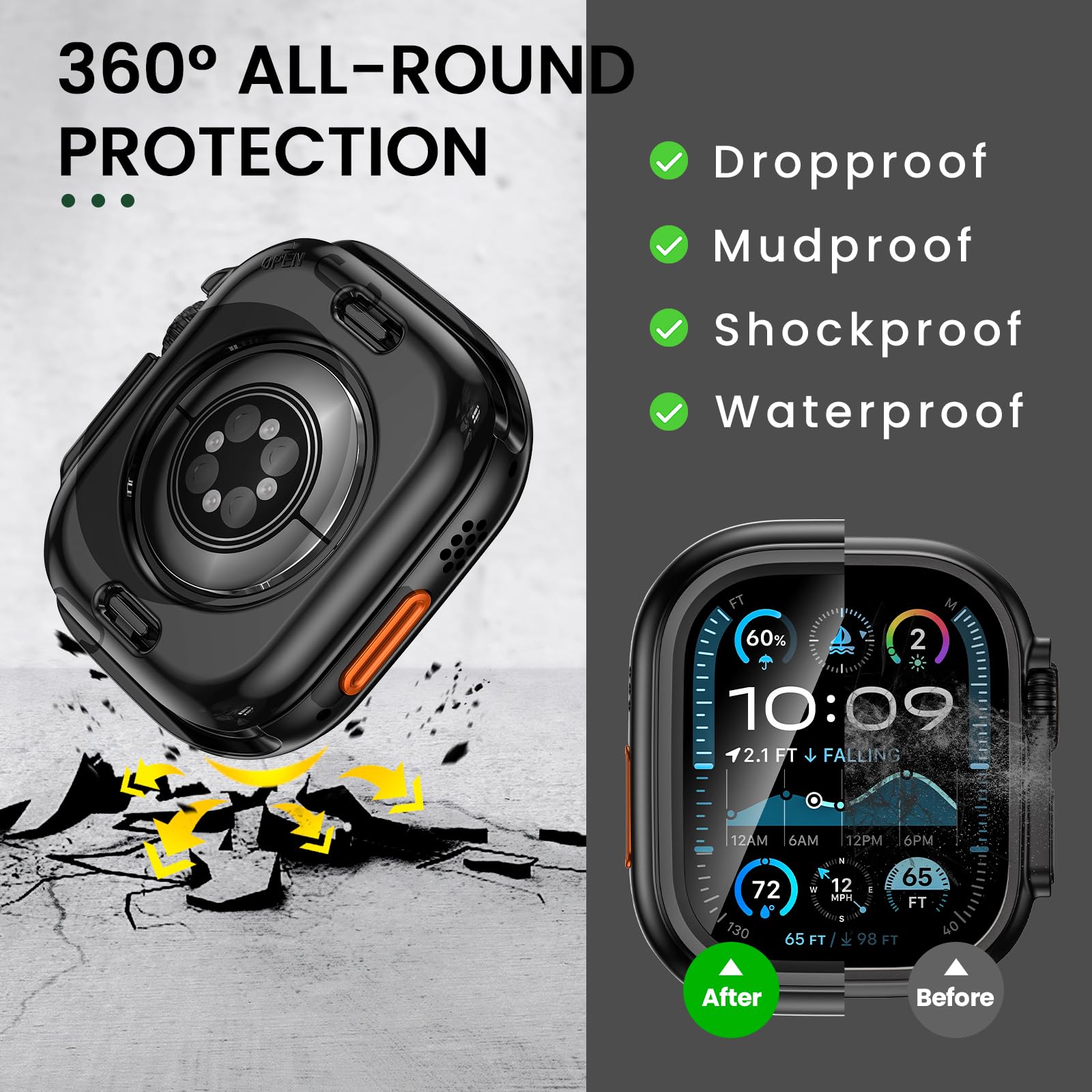 [2 w 1] Wodoodporne etui Goton do Apple Watch Series 10, 9, 8, 7, SE2, SE, 6, 5, 4, Ultra, 2, Ultra, 46 mm, 42 mm, 45 mm, 44 mm, 41 mm, 40 mm, 49 mm, twardy PC 360° z osłoną ekranu do akcesoriów do