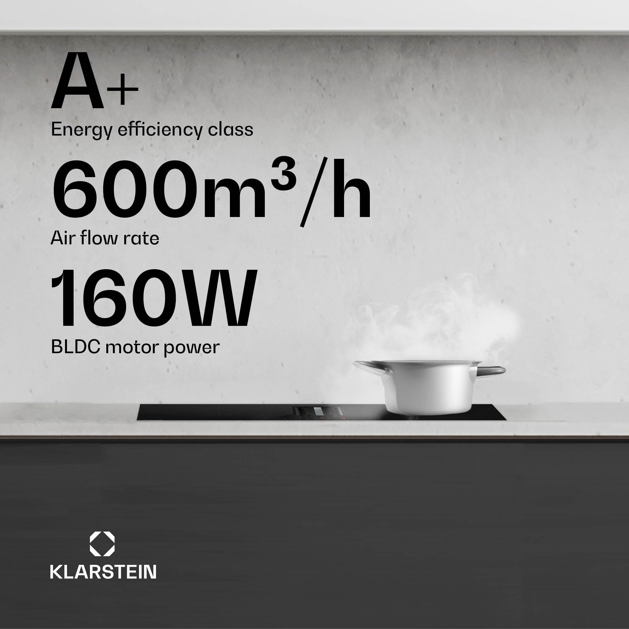 Klarstein AirJet Basic Płyta indukcyjna z okapem - Moc 10 kW, Boost 600 m³/h, Klasa energetyczna A+, Cicha 52 dB, Panel dotykowy, 9 stopni, Filtr aluminiowy, Czarna