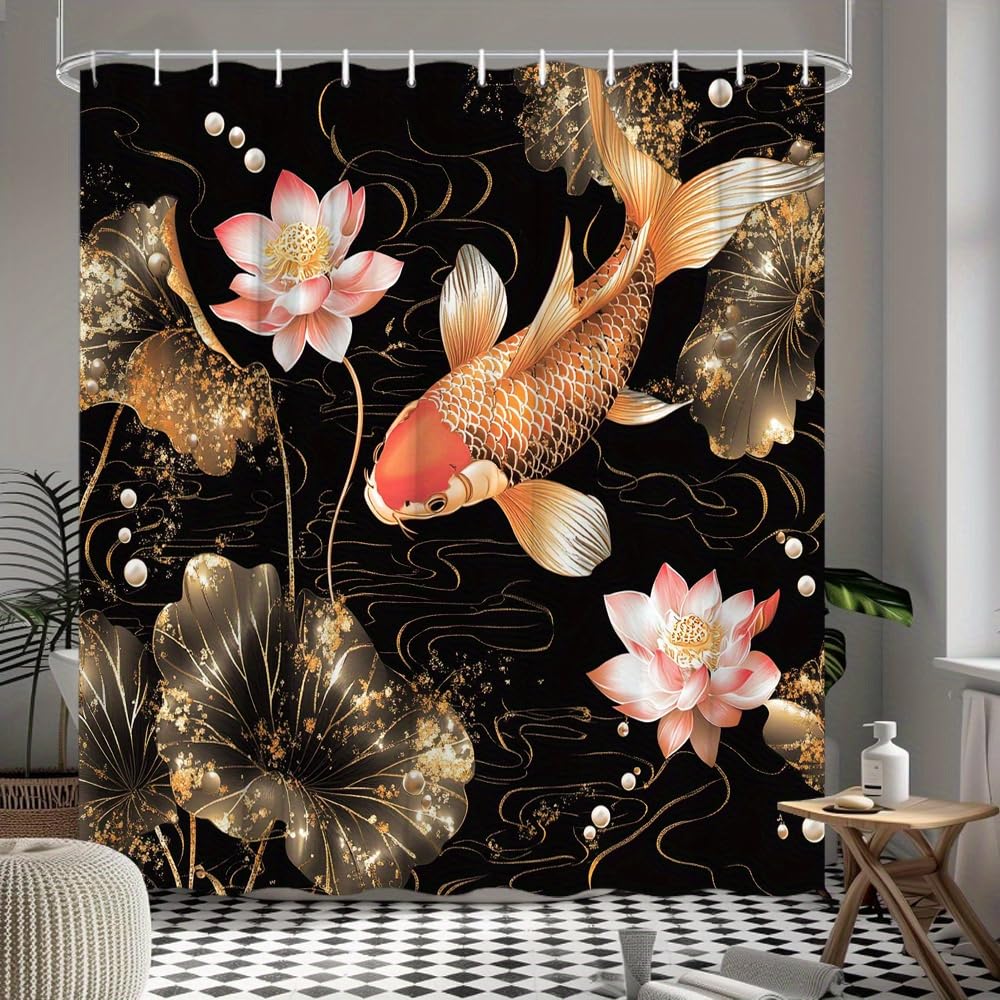 GLWDMB 1 Piece 180x180CM Orange Koi Fish and Lotus Flowers Printed Shower Curtain With Hook, Polyester, for Windows And Walls, Bathtub, Bathroom, Machine Washable, All Season Universal