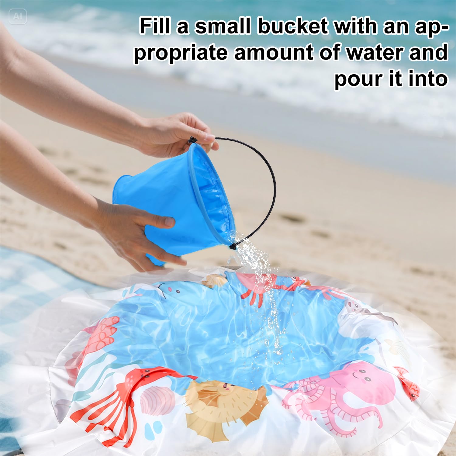 Baby Beach Pool, Polyester Portable Cartoon Ocean Themed Toddler Beach Puddle Paddling Pool with PVC Bucket Practical Accessories for Kiddies Infant Boys Girls - Image 4