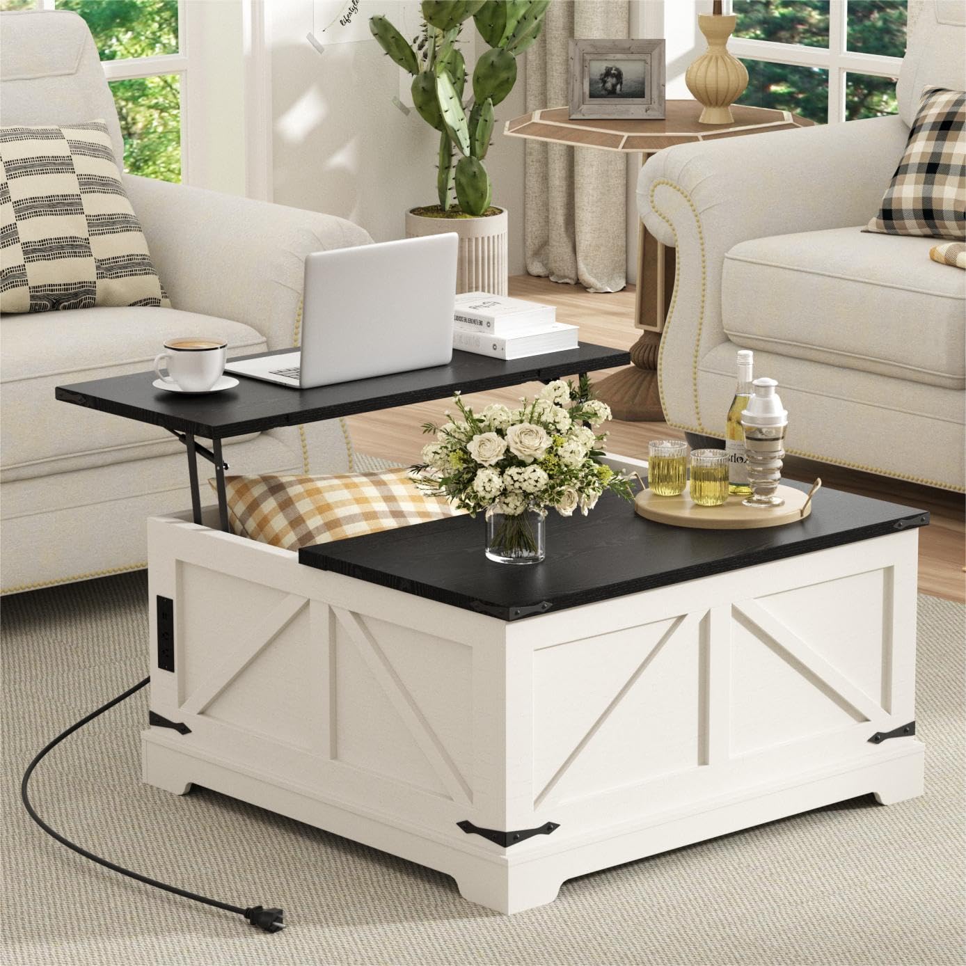 FiveWillowise Coffee Table with Storage, 31.5" W Farmhouse Lift Top Wood Square Center Table with Charging Station, Rustic Cocktail Tables with Flip