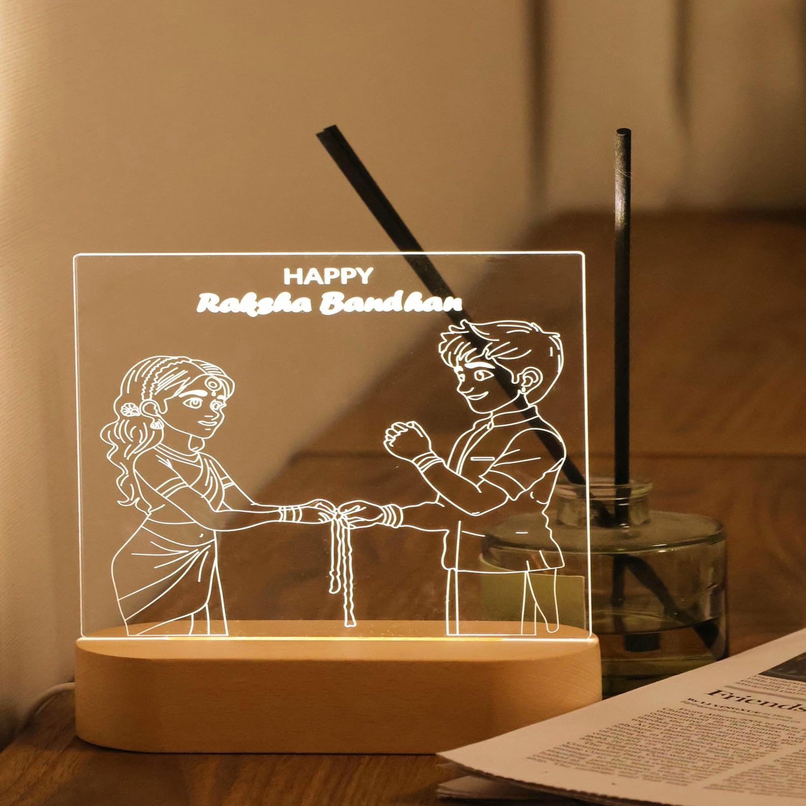 THE GRANDEUR Acrylic Rakhi Gift for Sister - Personalized Name Engraved Lamp | Customized Rakshabandhan Gifts for Sister