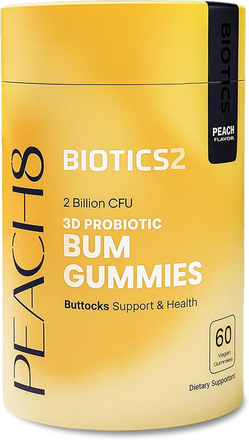 Probiotic Bum Support Gummies – Peach8 2 Billion Probiotics, Prebiotics, 60 Vegan SugarFree Gummies, 4 Herbal Extracts Black Maca, Motherwort, Saw Palmetto, Sea Kelp for Max Absorption, Bum Wellness