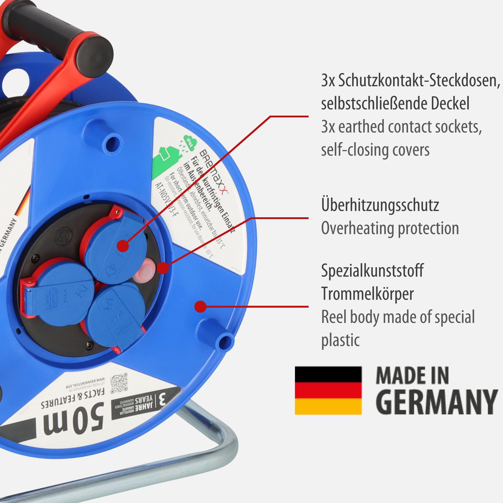 Brennenstuhl Garant IP44 bęben kablowy (50 m, specjalne tworzywo sztuczne, krótkotrwałe zastosowanie na zewnątrz, Made in Germany), niebieski