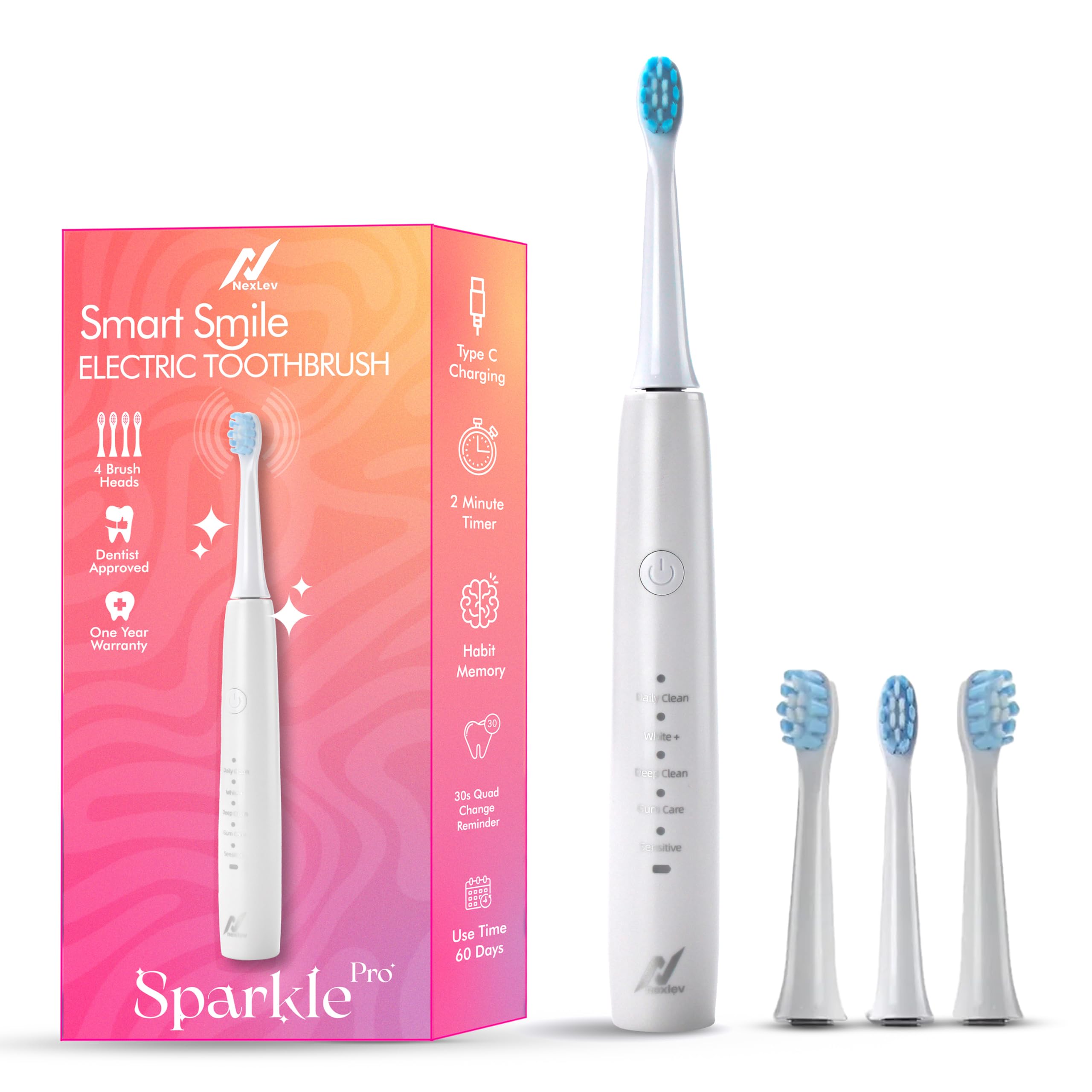 Nexlev Electric Toothbrush|40000 vibrations/minute| USB Type C| 5 Modes| 2 Min timer| 30 sec Quad Interval| 4 Replaceable Brushheads With Cover| IPX7 Waterproof| For Adults|Sparkle Pro ETC-04 White-image-26