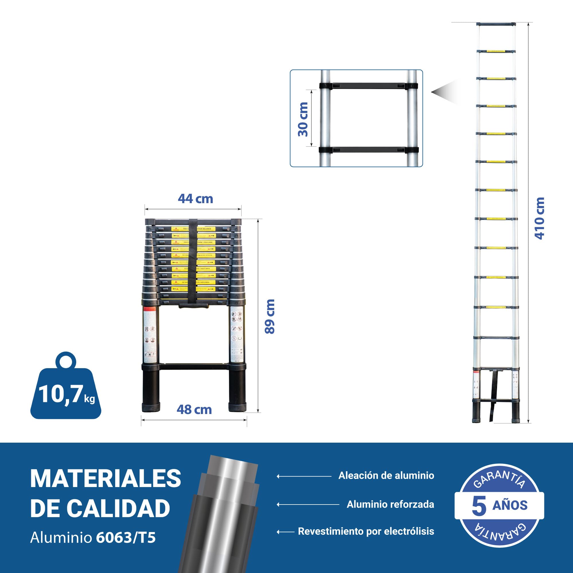 HOSTRÖM Escalera telescópica de 4,1 m TELESCOO14, Aluminio, Plegable, Extensible, Altura máxima de Trabajo 5 m, Norma EN131, garantía de 5 años.
