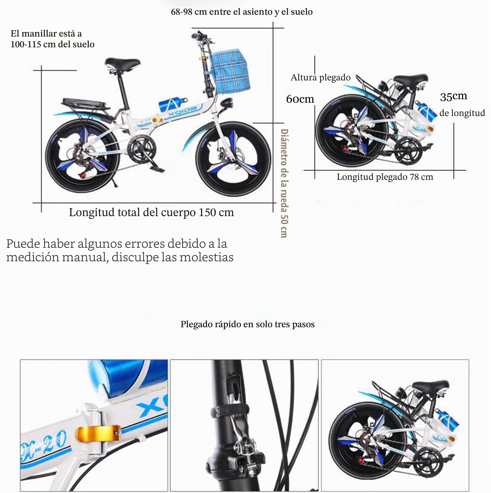 Bicicleta plegable de 20 pulgadas para adultos hombres y mujeres adolescentes Bici Plegable,absorción de doble choque delantera y trasera,6velocidades variables,freno de disco doble,negr