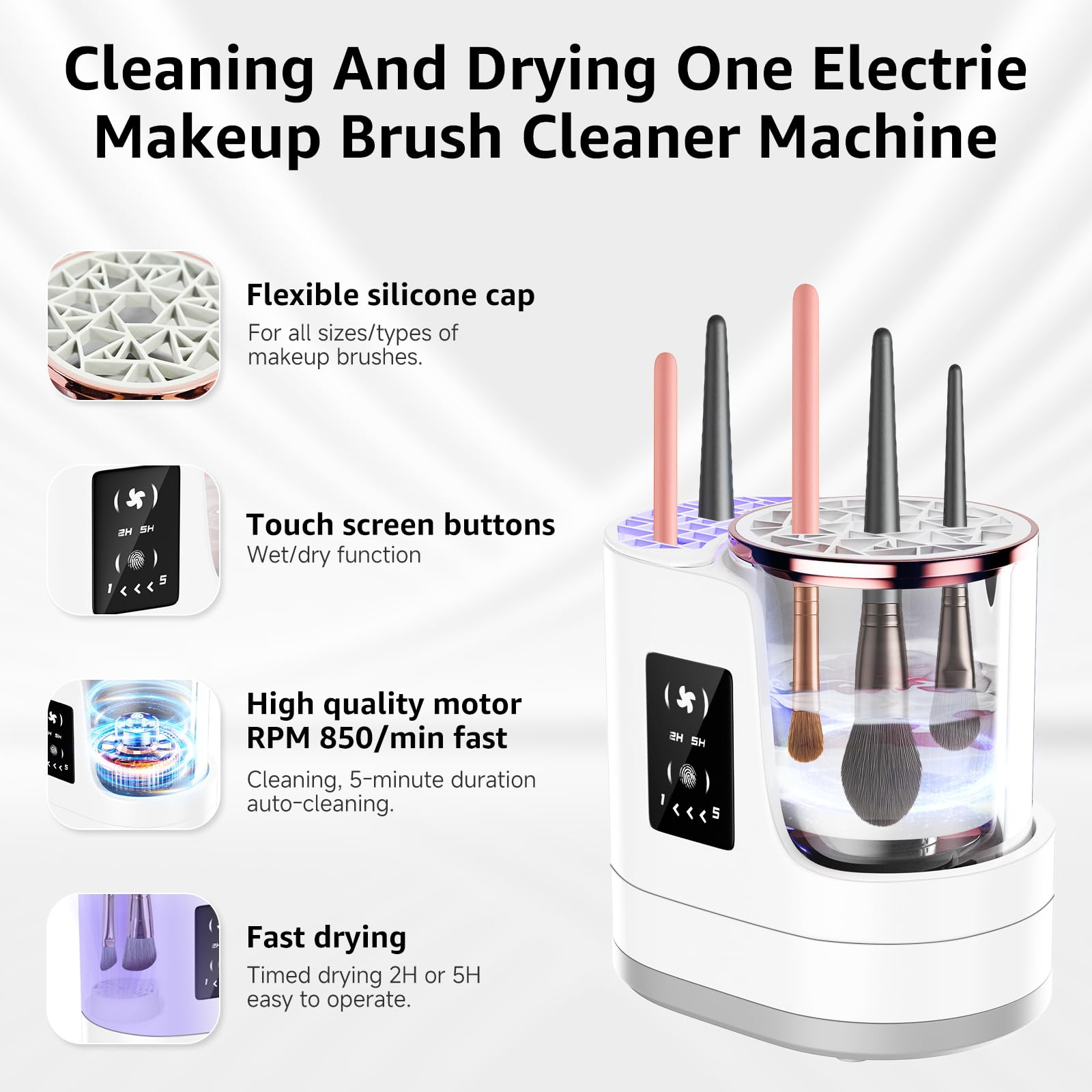Nettoyeur et séchoir électrique 3 en 1 pour pinceaux de maquillage, machine de nettoyage automatique de pinceaux avec nettoyage en profondeur double direction et séchage réglable, outil cosmétique