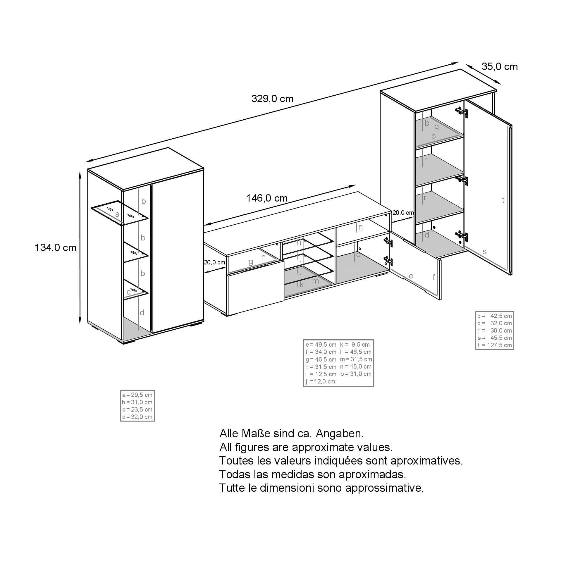 Vladon Mobile Parete Davos per Soggiorno, Composto da 2 vetrine e 1 Mobile TV, Antracite Opaco/Ottica cermento ossido (329 x 134 x 35 cm)