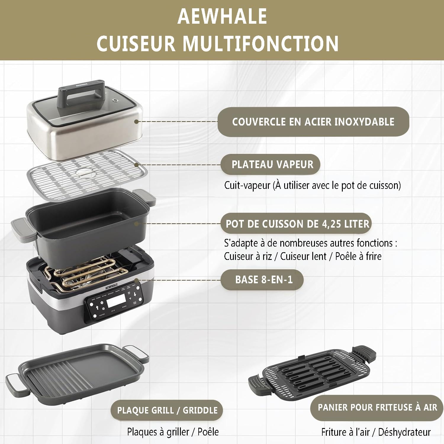 AEWHALE 8 en 1 Cuiseur Vapeur électrique Multifonction 4.25L | pour Cuisson Lente,Friteuse Sans Huile,Maintien au Chaud ,1500W,Sans BPA,Empilable,Lave-Vaisselle