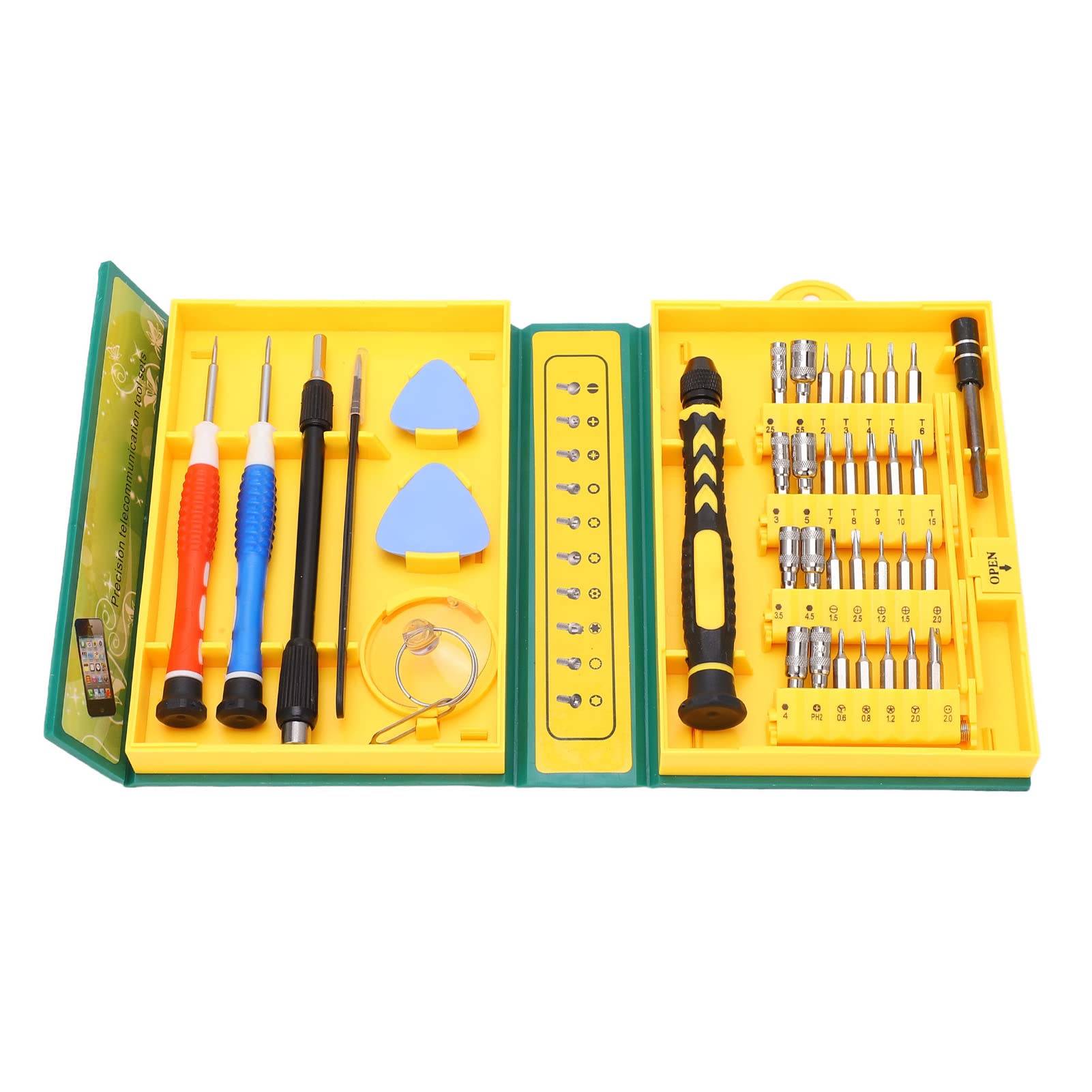 Juego de brocas con mango de destornillador de 38 piezas, varilla de conexión, ventosa, pinza, caja, herramienta de palanca, juego de destornilladores