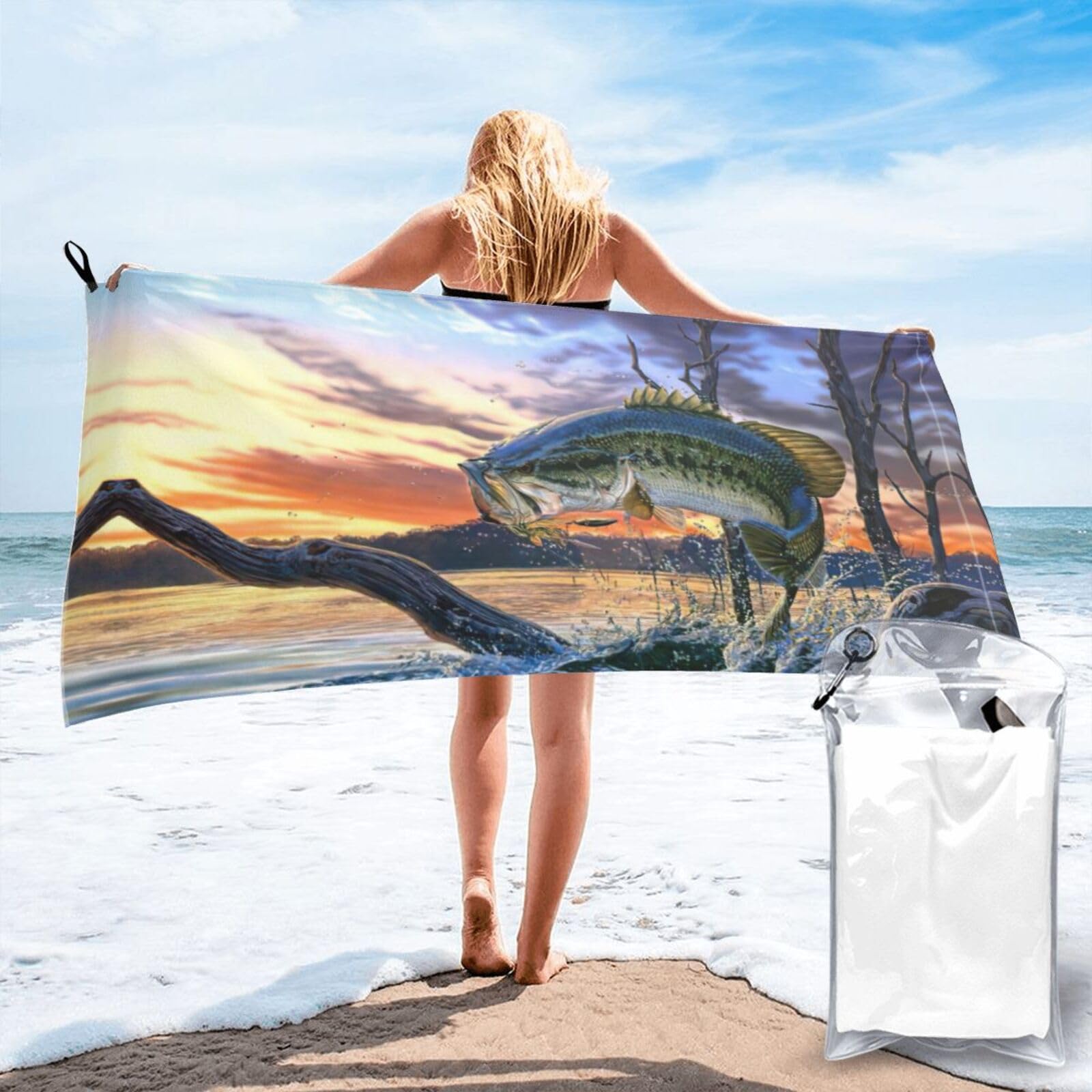 WYCZHY Bass Fishing Print Beach Towel Soft Quick Dry For Spa Pool Gym Vacation Travelers Women Men Adults Sauna Gift