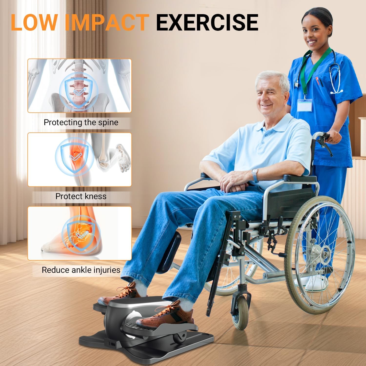 Diagram illustrating low impact exercise benefits for spine, knees, and ankles