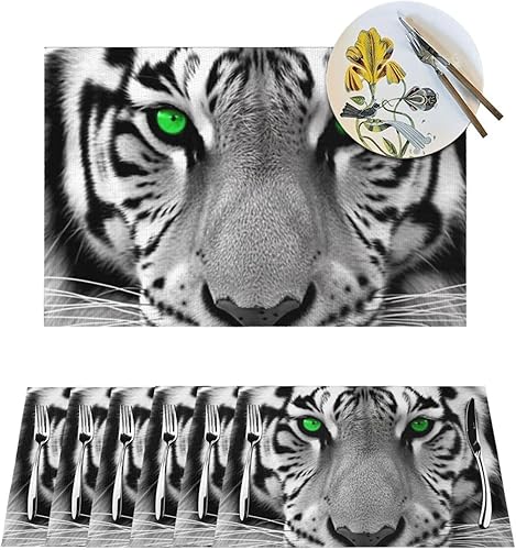 Miniatura 1 de Juego de 6 manteles individuales de PVC en blanco y negro, diseño de tigre con ojos verdes, antideslizantes, 12 x 18 pulgadas, juego de manteles