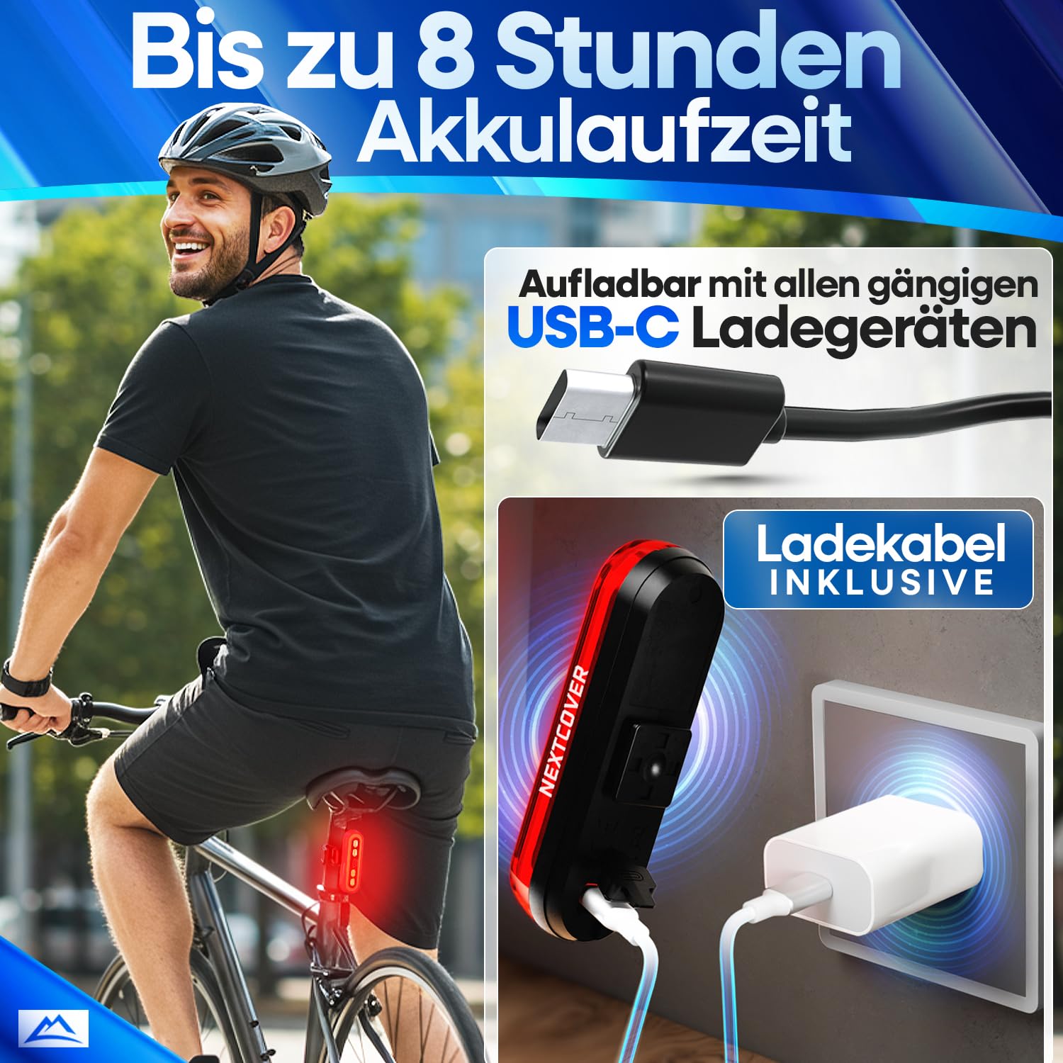 NEXTCOVER® Rücklicht Fahrrad mit [VisionLux] LEDs und Bremslicht I StVZO zugelassen I LED Fahrradrücklicht mit 8 Stunden Akku I Fahrradlicht hinten für Rennrad, E-Bike, Fahrrad Rücklicht blinkend