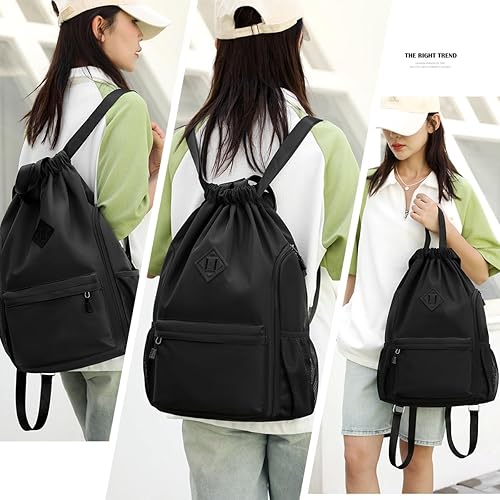 Miniatura 6 de Valleycomfy Mochila de gimnasio impermeable con cordón para hombres y mujeres, bolsa de gimnasio deportiva con bolsillo lateral, Gris, Classic