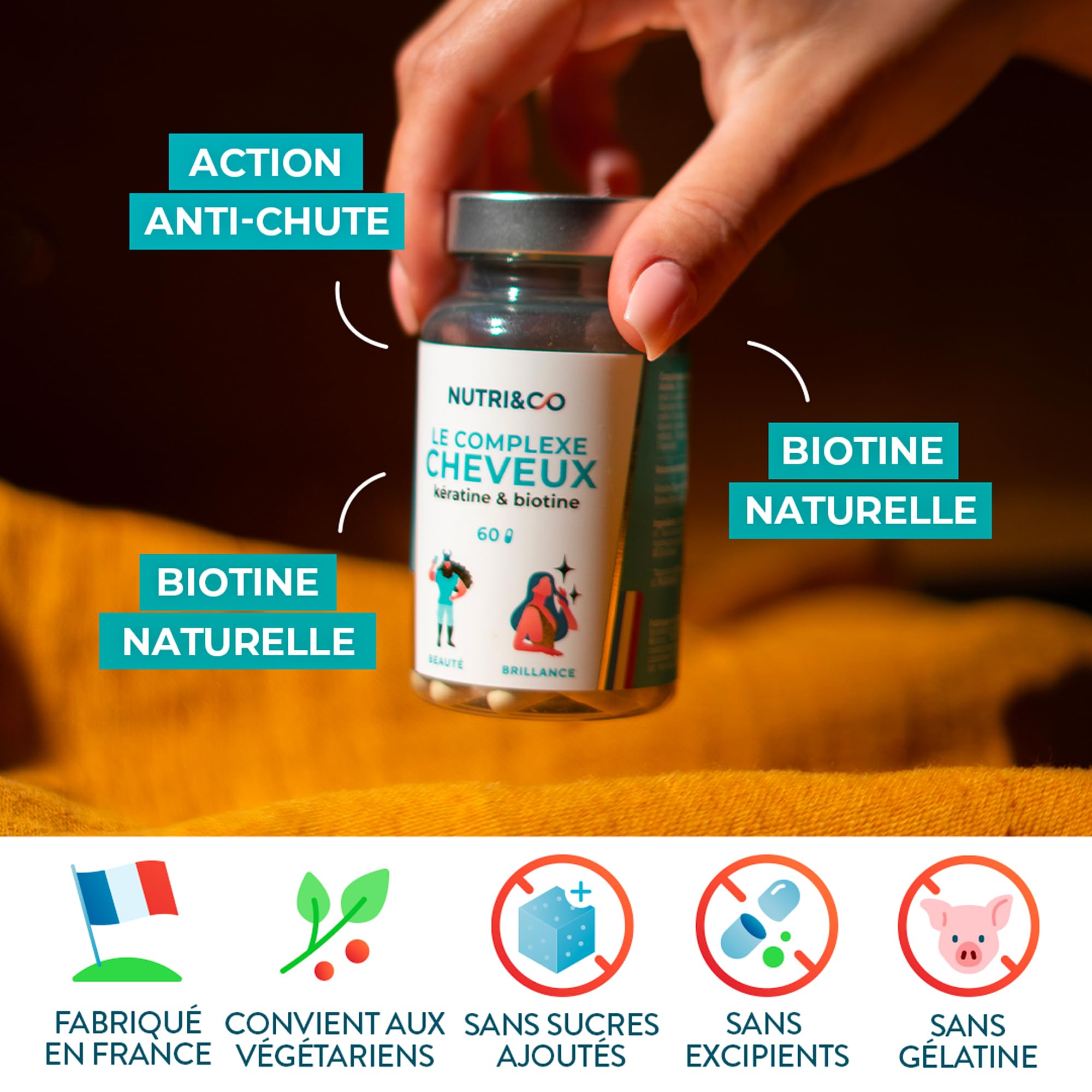 NUTRI & CO Biotine Cheveux avec Kératine Brevetée + Vitamine B8 - Accélère la Pousse des Cheveux & des Ongles - Complément Alimentaire pour Cheveux - 60 gélules Vegan Fabriqué en France