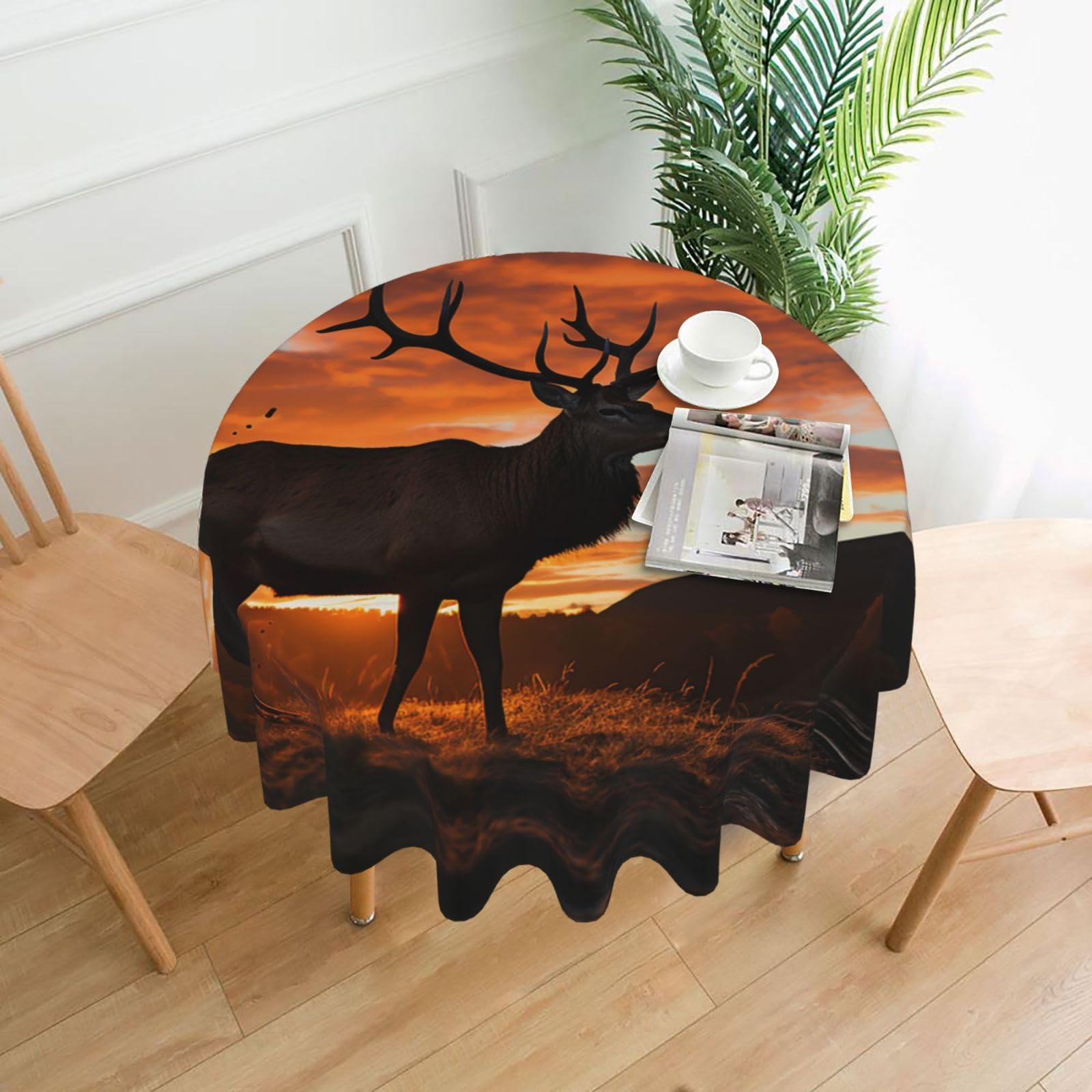 FodPand Red Deer Bull Elk Sunset Tablecloths for Round Tables 60 Inch - Reusable Washable Dining Table Clothes - Stain and Wrinkle Resistant Decorative Fabric Table Cover for Wedding Party