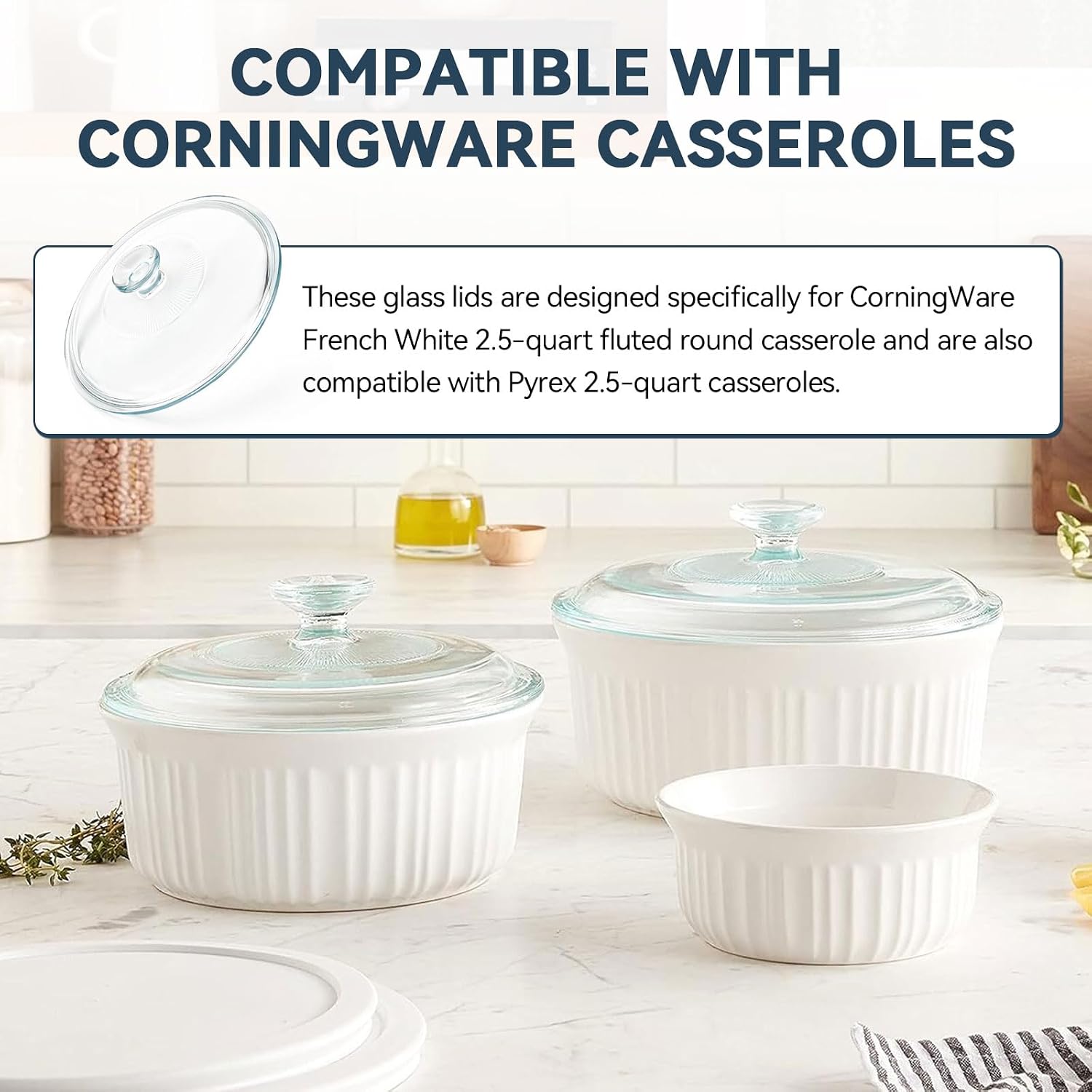 Glass Lids for Corningware French White 2.5 Quart Fluted Round | Glass Casserole Dish Lids for Oven, 2.5 qt lids Replacement Round for pyrex, Replacement Bowl Lid, Casserole Dish Lid