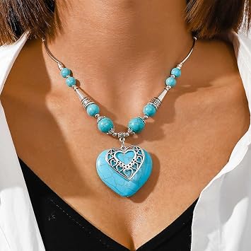 Boho Large Vintage Ethnic Love Heart Pendant Necklace Western Turquoise Beads Strand Statement Necklace Jewellery for Women Girls