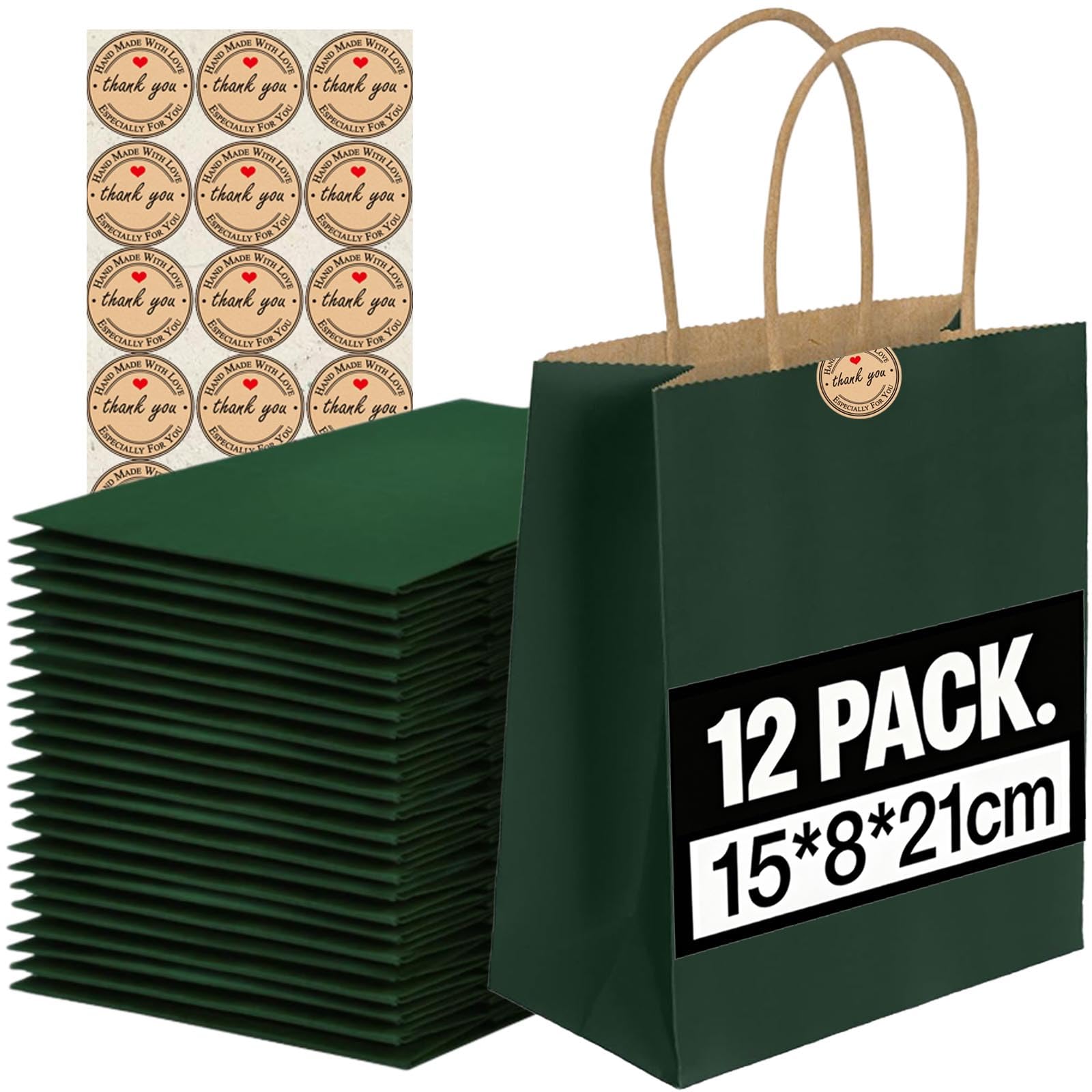 12Pcs Small Paper Bags With Handles, Paper Gift Bags (21x15x8cm), 130GMS Thicken Kraft bags Party Favor Shopping includes lables for Favor Birthday Party Wedding Shopping Retail (Dark Green)