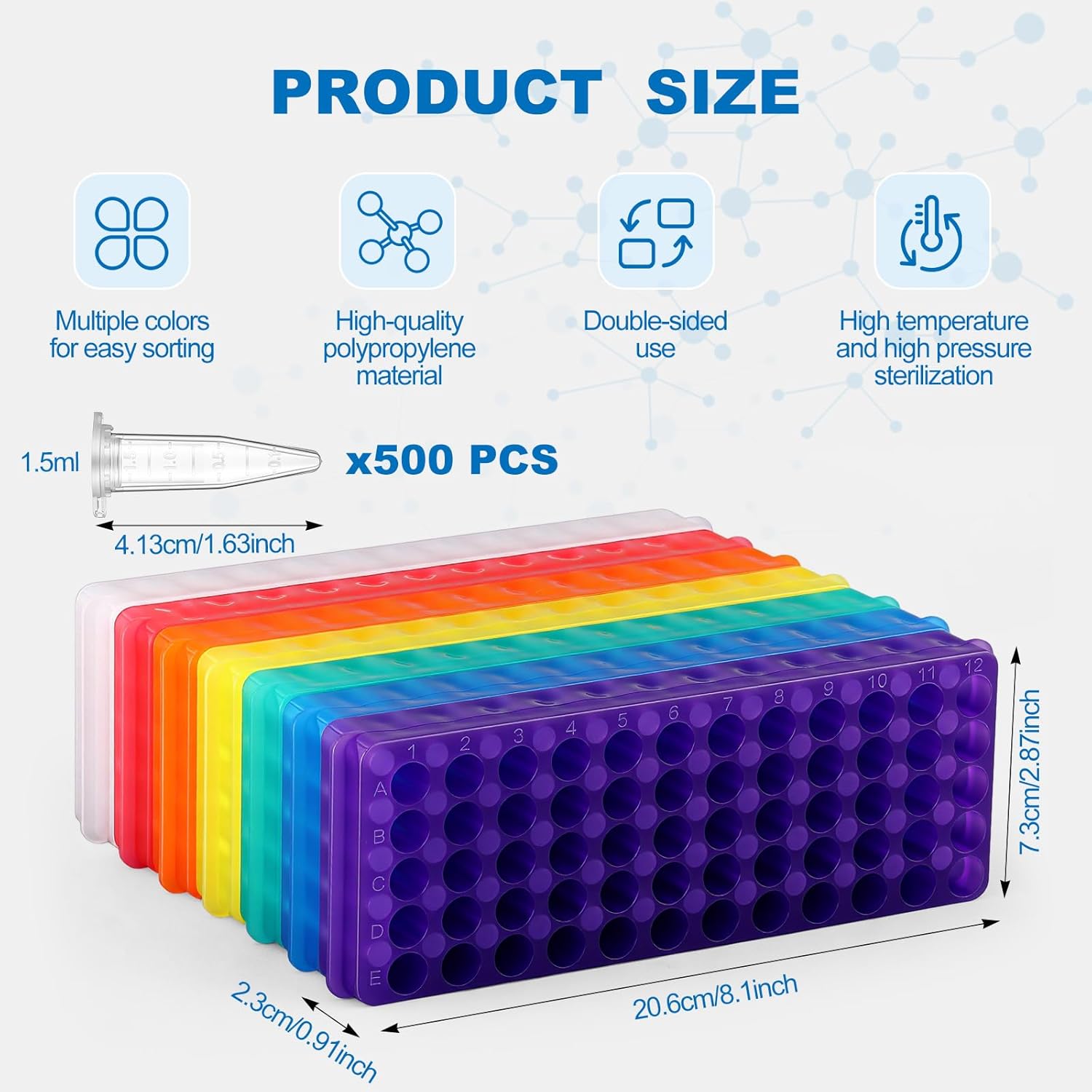 Tioncy 7 Pcs 60 Well Double Panel Microcentrifuge Tube Rack Holder and 500 Polypropylene 1.5 ml Graduated Centrifuge Tubes with Snap Cap for 0.5-2 ml Test Vials Chemistry Laboratory, Assorted Colors
