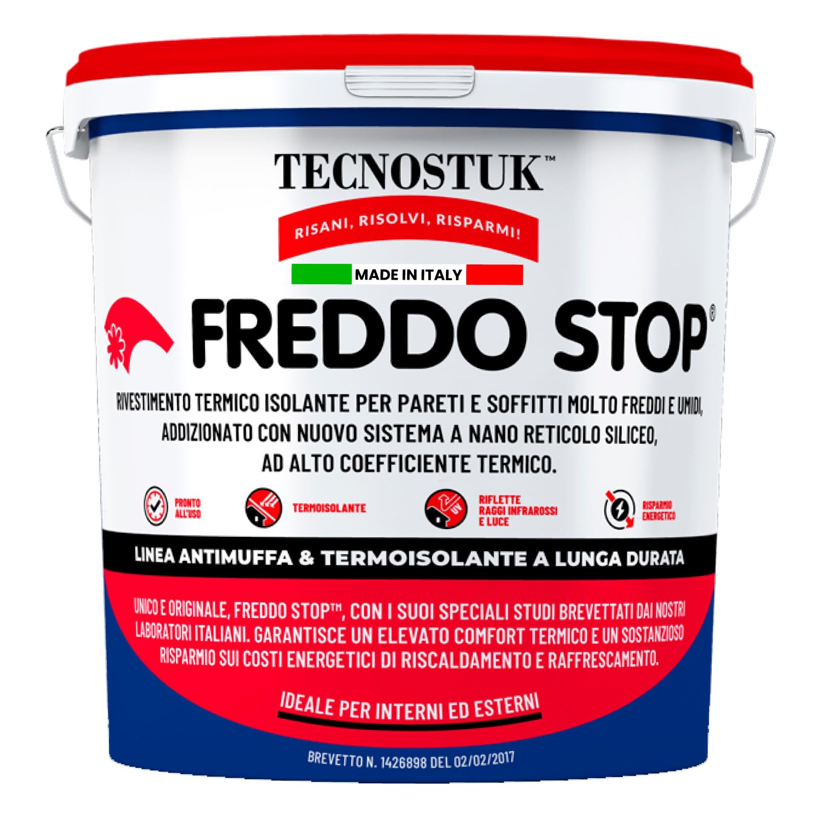 Eurocali Freddo Stop Tecnostuk lt.2,5 Rivestimento Termico Traspirante per Interni ed Esterni Made in Italy - Termoisolante per Muri Molto Freddi Freddostop