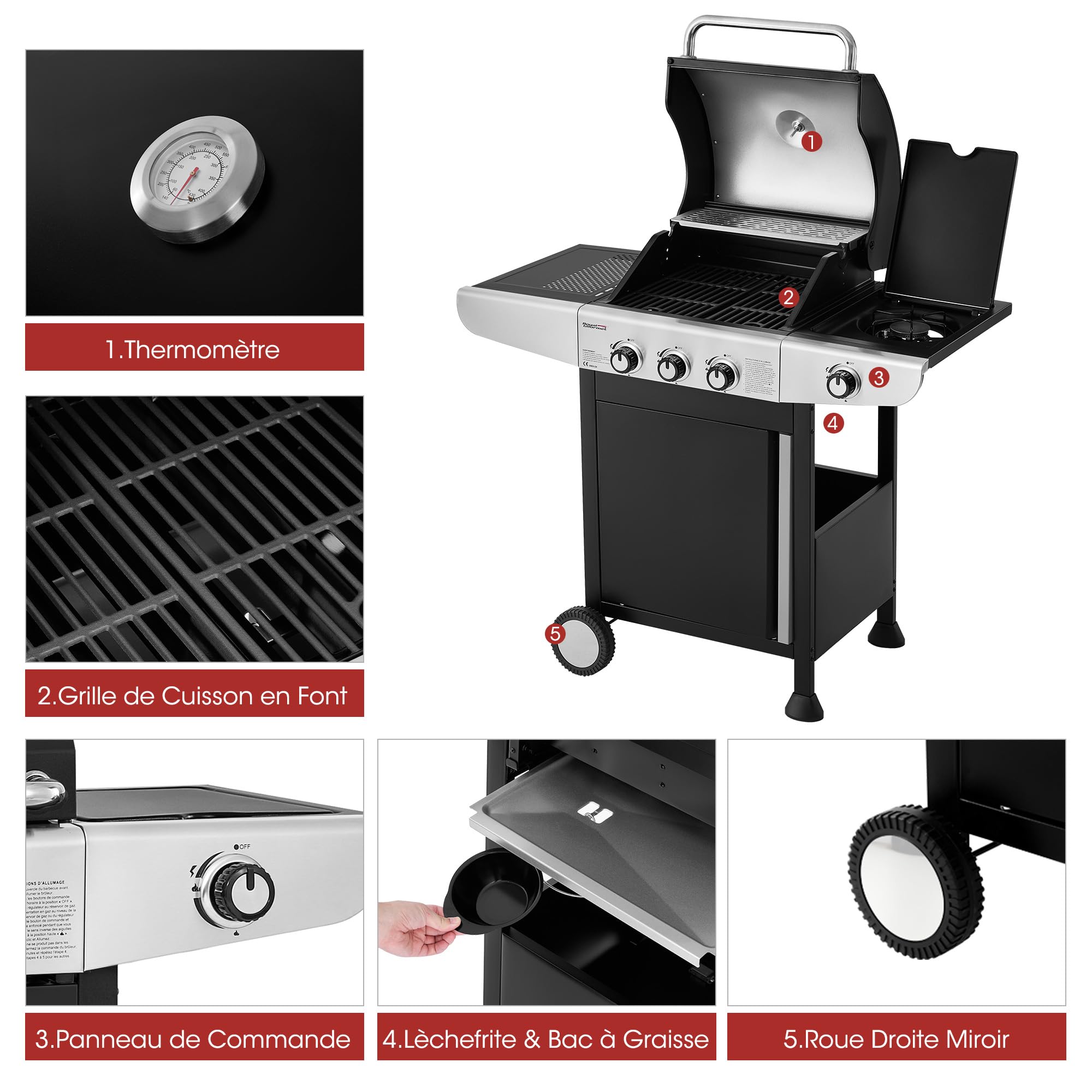 Royal Gourmet Barbecue Gaz à 3 Brûleurs avec Brûleur Latéral, Gril à Gaz sur Chariot de Puissance 11,5 KW avec 2 Grille en Fonte et 2 Tables d’Appoint, Adapté pour Jardin et Extérieure, Argent
