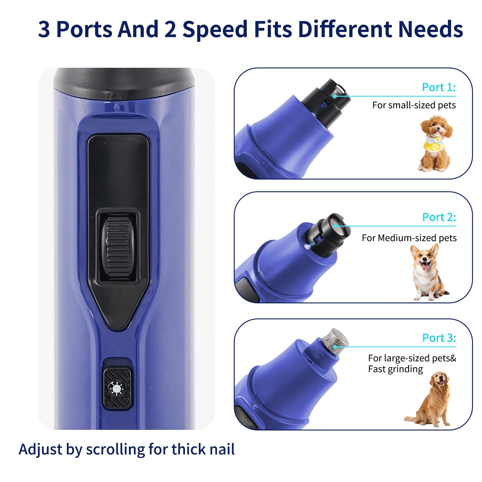 Tife Broyeur à ongles LED pour animaux domestiques, 7 vitesses réglables, coupe-ongles silencieux pour chien et chat avec tête de meulage