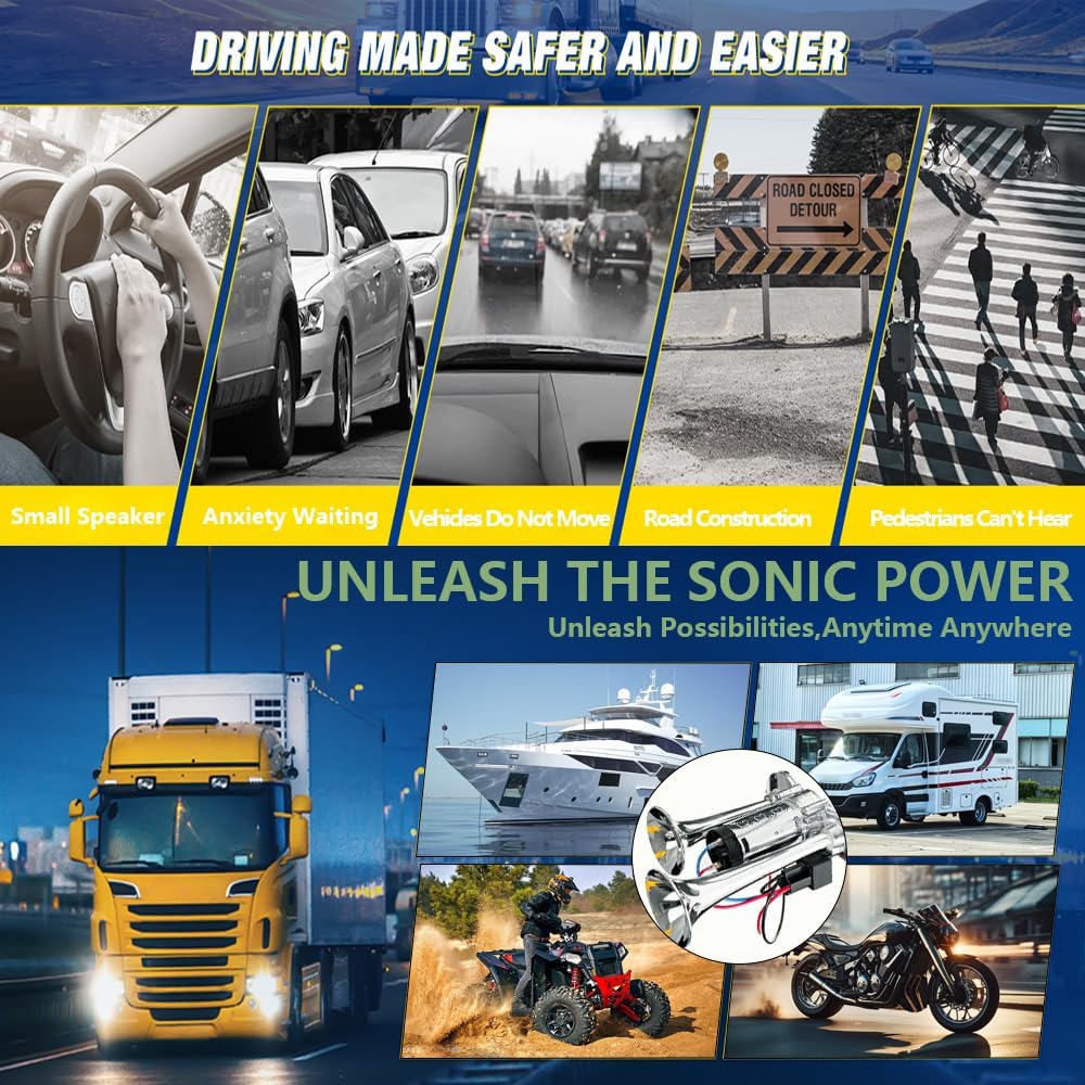 12V 600DB Super Loud Dual Electric Air Horns Kit with Compressor Applicablefor Any 12V Vehicles SUV Truck Car Airhorns Horn Loud Motorcycle Trucks Boats Trains Speaker (Silvery)