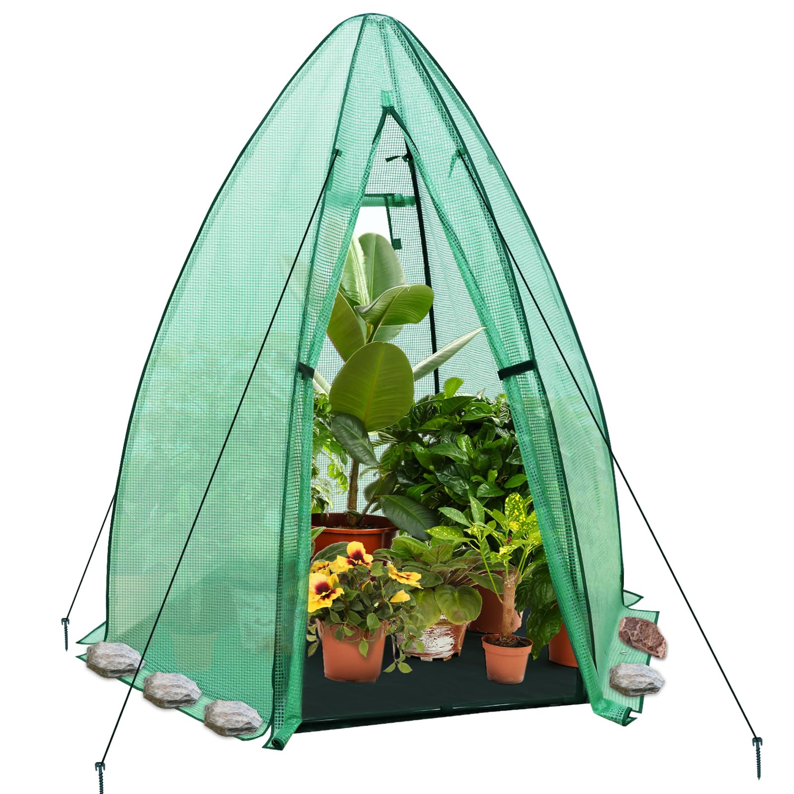 EAGLE PEAK Portable Mini Dome Greenhouse with Zippered Door and Mesh Window, Outdoor Mini Hexagon Greenhouse Kit for Indoor Outdoor Gardening 63"x63"x72", Green PE Cover