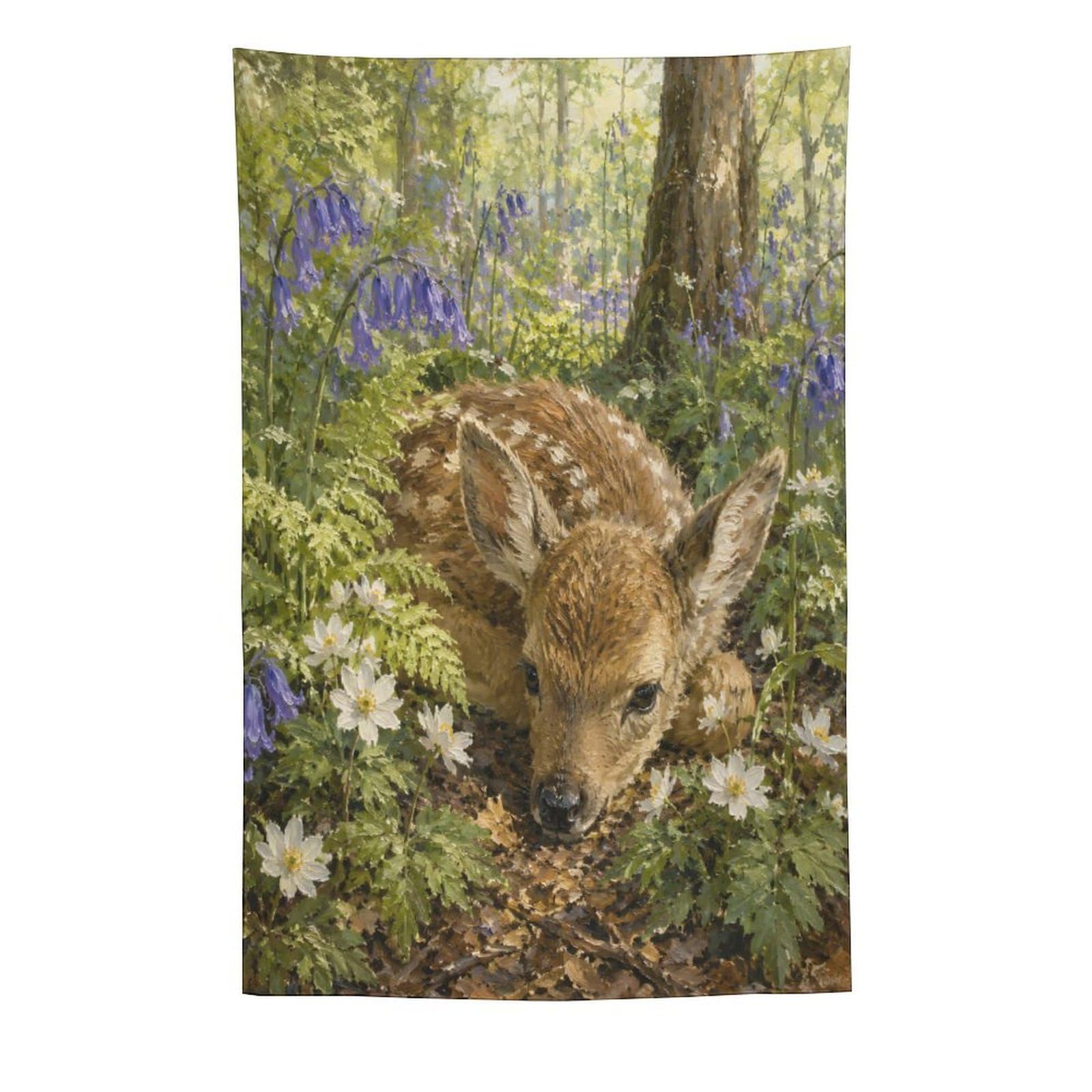 W7C8U2X3 Fawn in Bluebell Forest Wall Tapestry, Realistic Illustration
