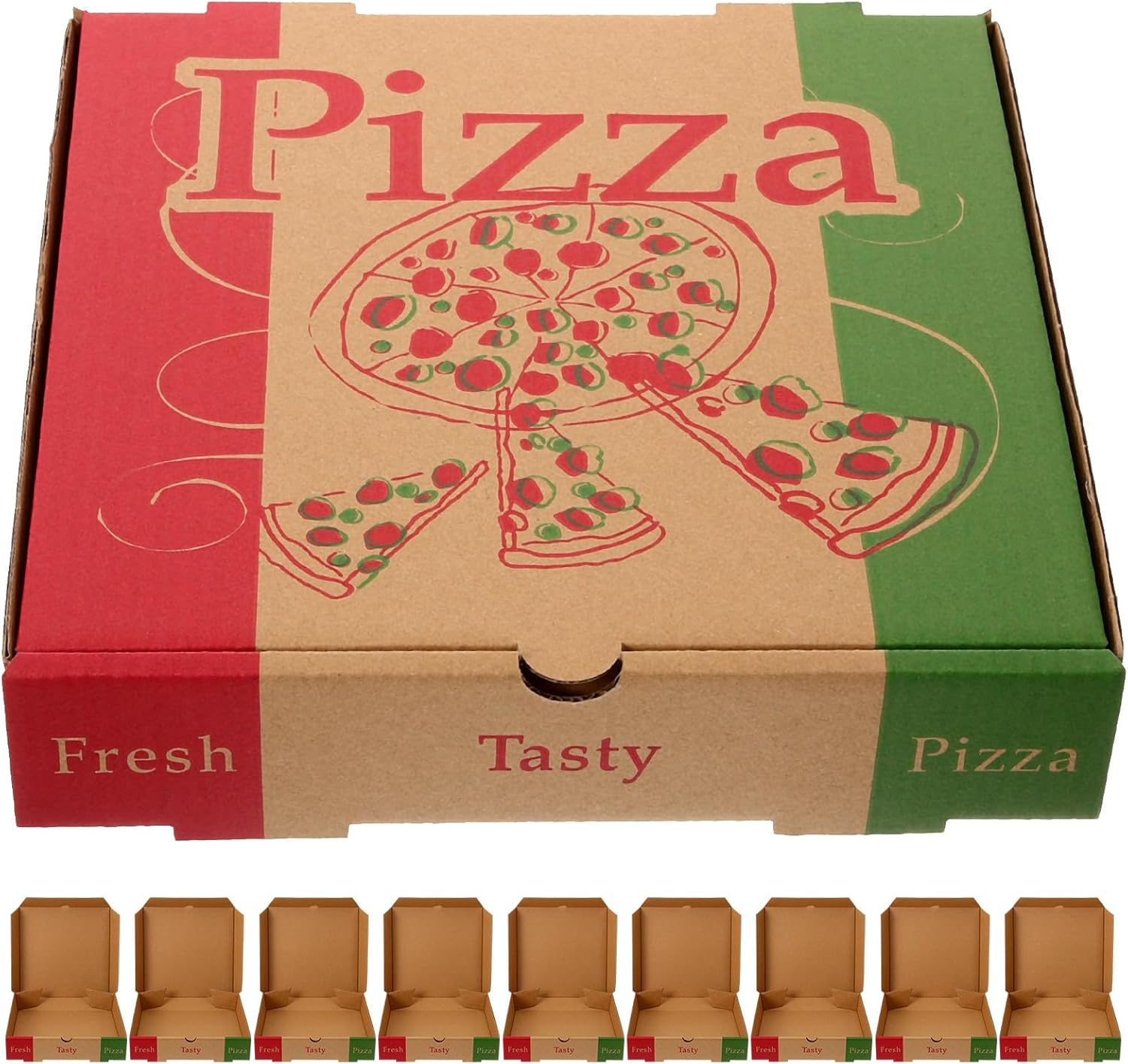 KALLORY 10pcs 8-inch Paper Pizza Boxes Square Folding Takeout Containers Thicken Cardboard Pizza Wrapping Box for Restaurant Party Food