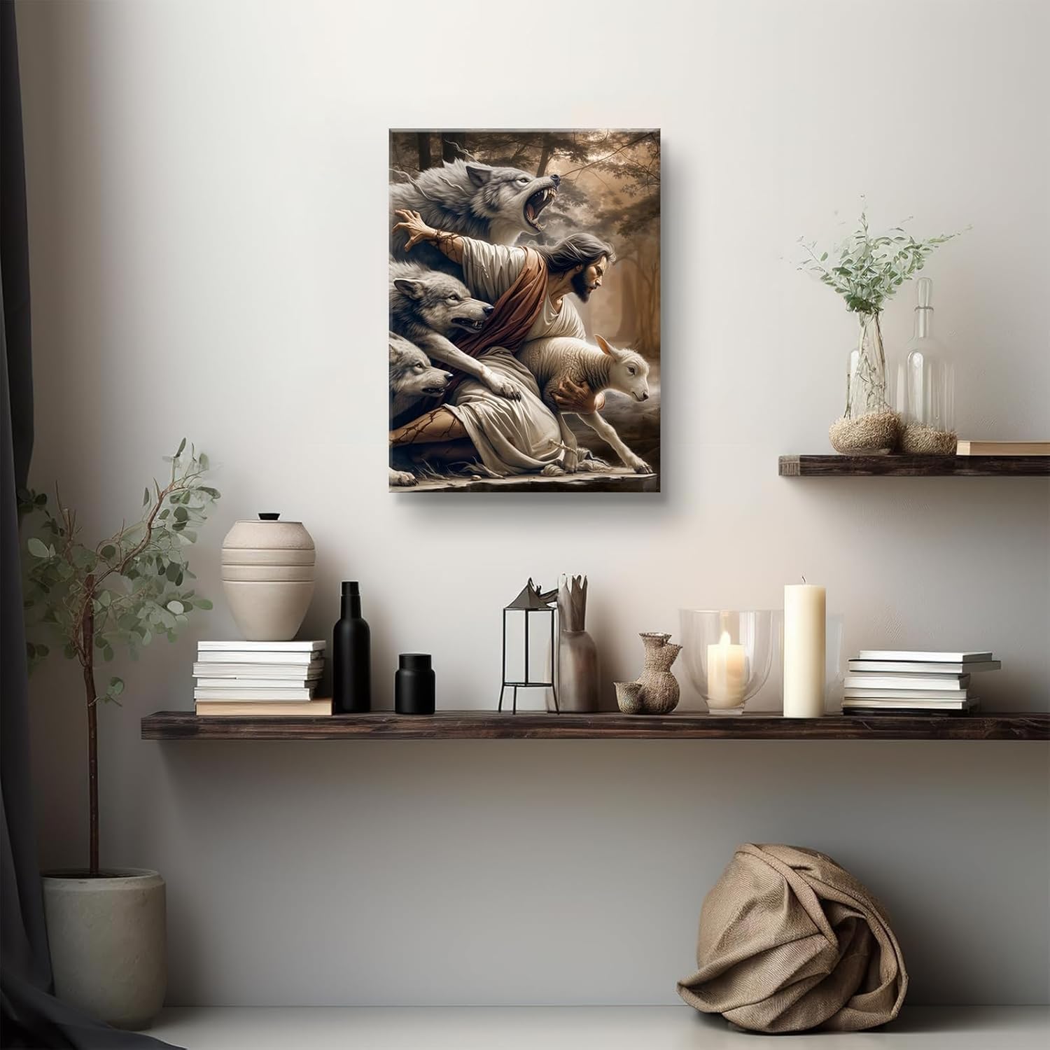 Jesus and Lamb Canvas Wall Art Jesus Saves The Lost Lamb Picture Wall Decor God Protect A sheep From Wolves Painting Print Christian Poster Artwork for Living Room Bedroom Church（16x24in Canvas）