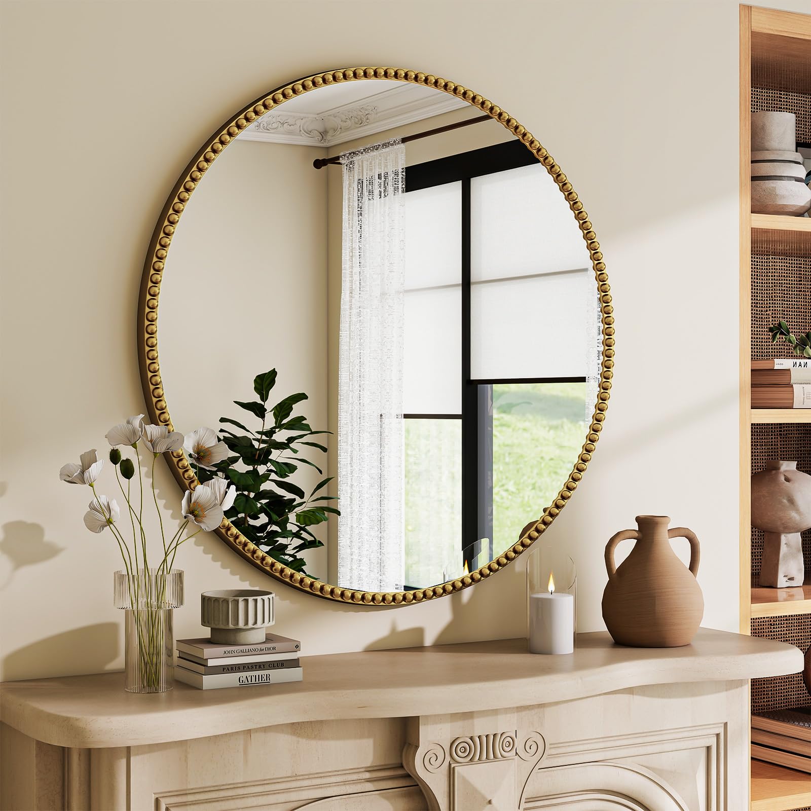 VETROVUE 32 Inch Round Bathroom Mirror - Luxurious Beaded Metal Frame Wall Mirror for Bathroom, Bedroom, Entryway, Decorative Mirror Hanging for Vanity, Hallway, Gold