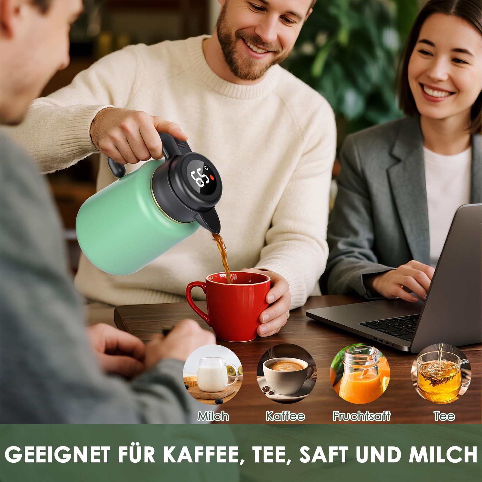 Thermoskanne 1,8-Liter mit Temperaturanzeige, Thermoskanne mit Teesieb 100% Leck & Tropfdicht, Kaffeekanne Thermo für Milch, Tee & Kaffee